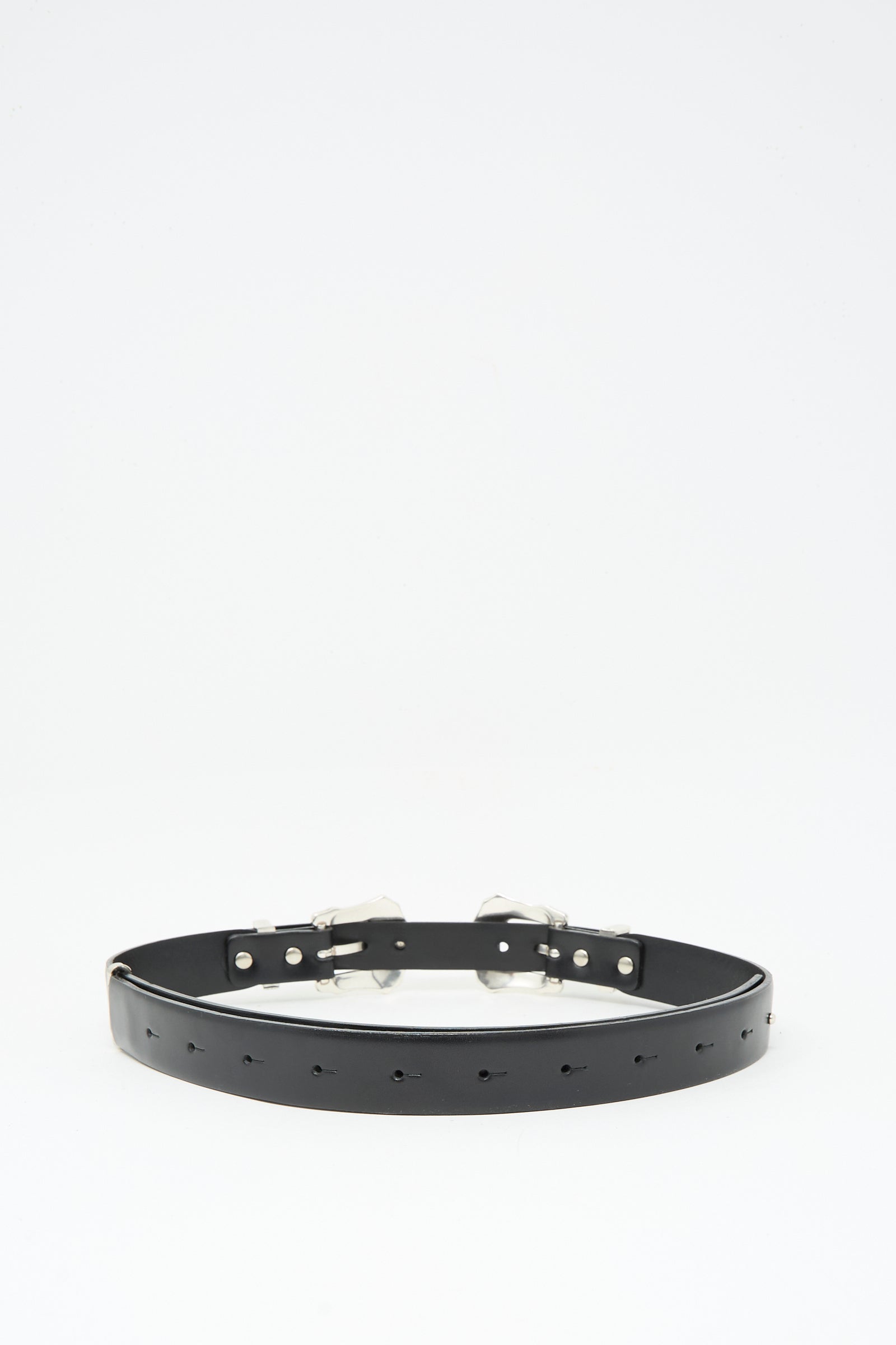 The TOGA ARCHIVES Double Buckle Belt in Black features cowhide leather, silver double buckles, classic holes, and western-style accents, shown against a white background.