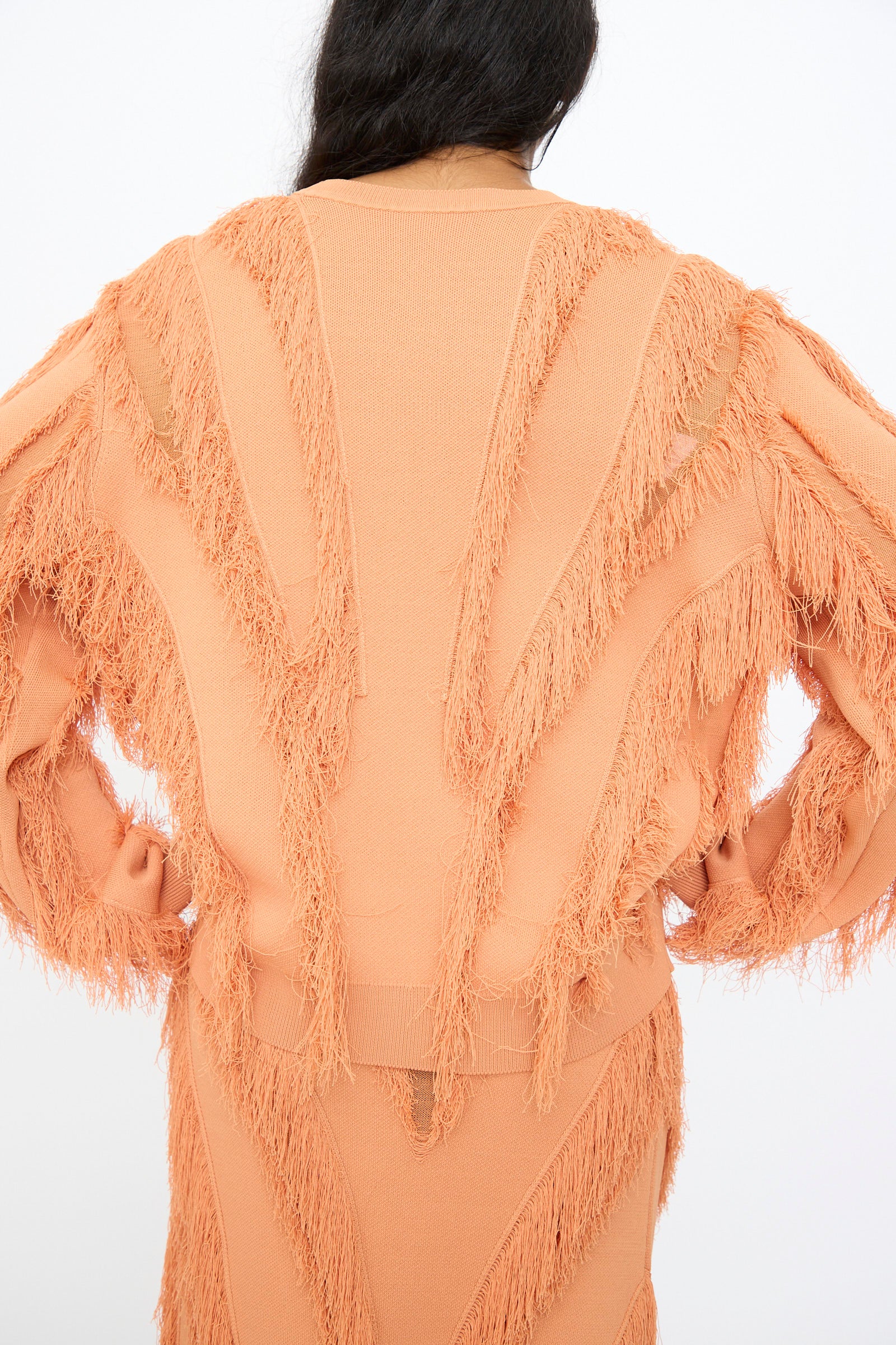 A person with long dark hair is shown from the back, wearing the Ulla Johnson Aubree Knit Pullover in Tulip, a peach-colored jacquard sweater with textured, fringed accents on the sleeves and back.