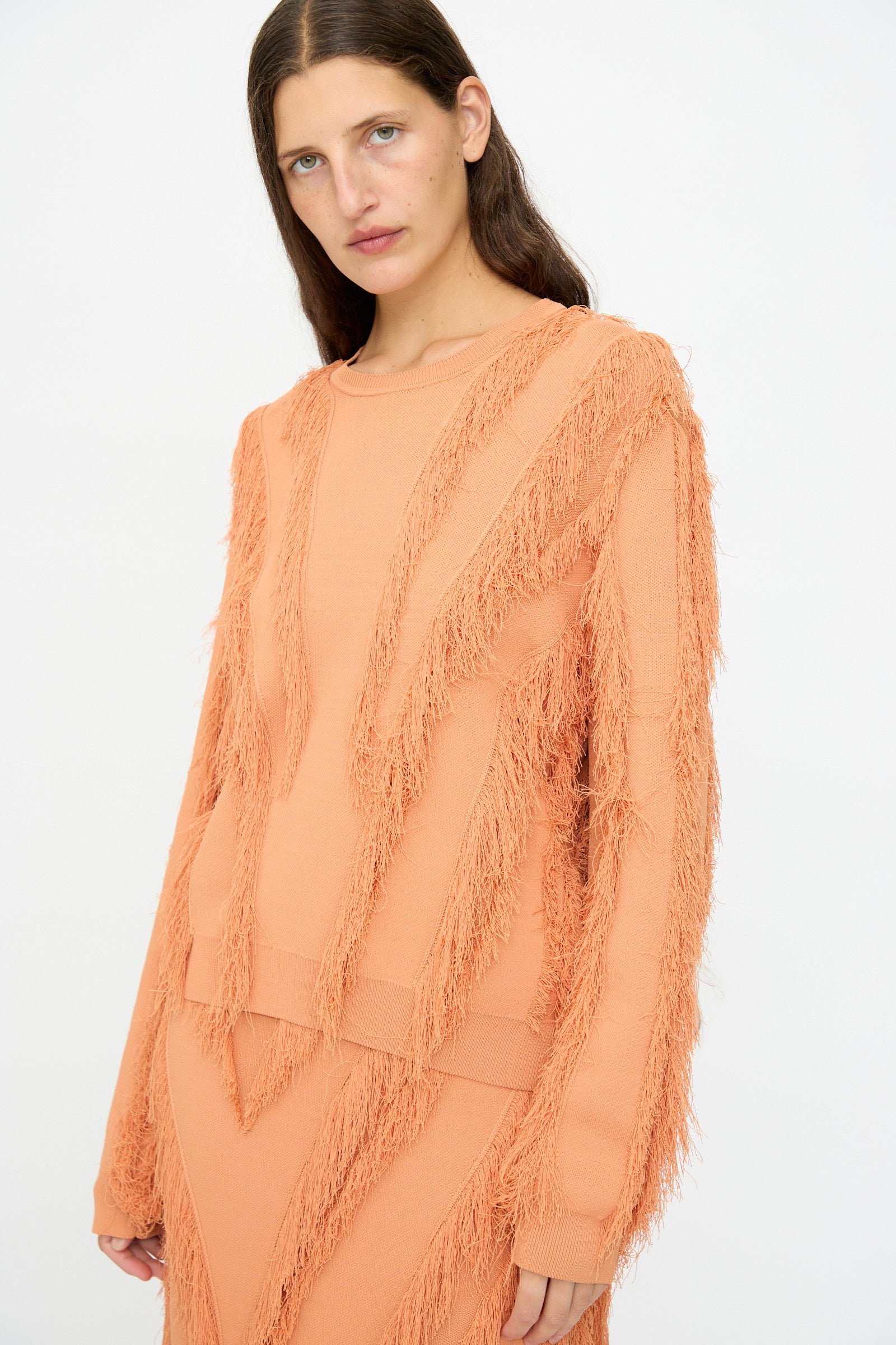 A woman stands against a white background wearing the Ulla Johnson Aubree Knit Pullover in Tulip, styled with a matching peach-colored jacquard skirt featuring a fringe pattern.