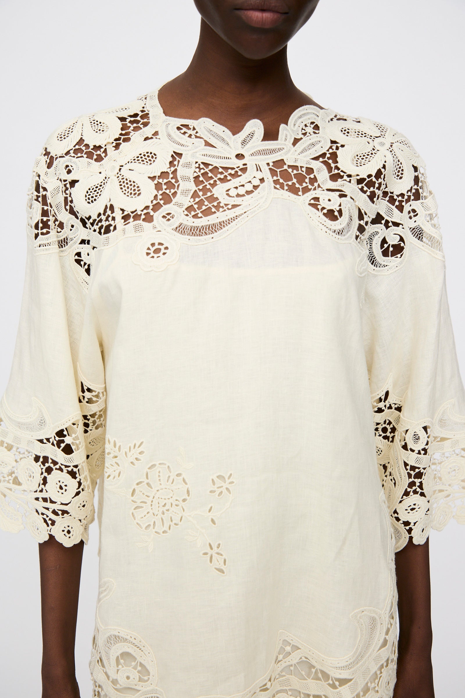 A person wears the Ulla Johnson Botanical Linen Lace Brinna Top in Pristine, featuring ivory linen with intricate floral lace and cut-out embroidery on the shoulders, sleeves, and hem.