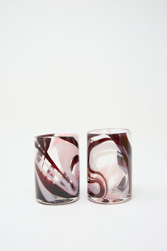 Two unique Upstate Gamay Cups with abstract color swirled patterns on a white background.