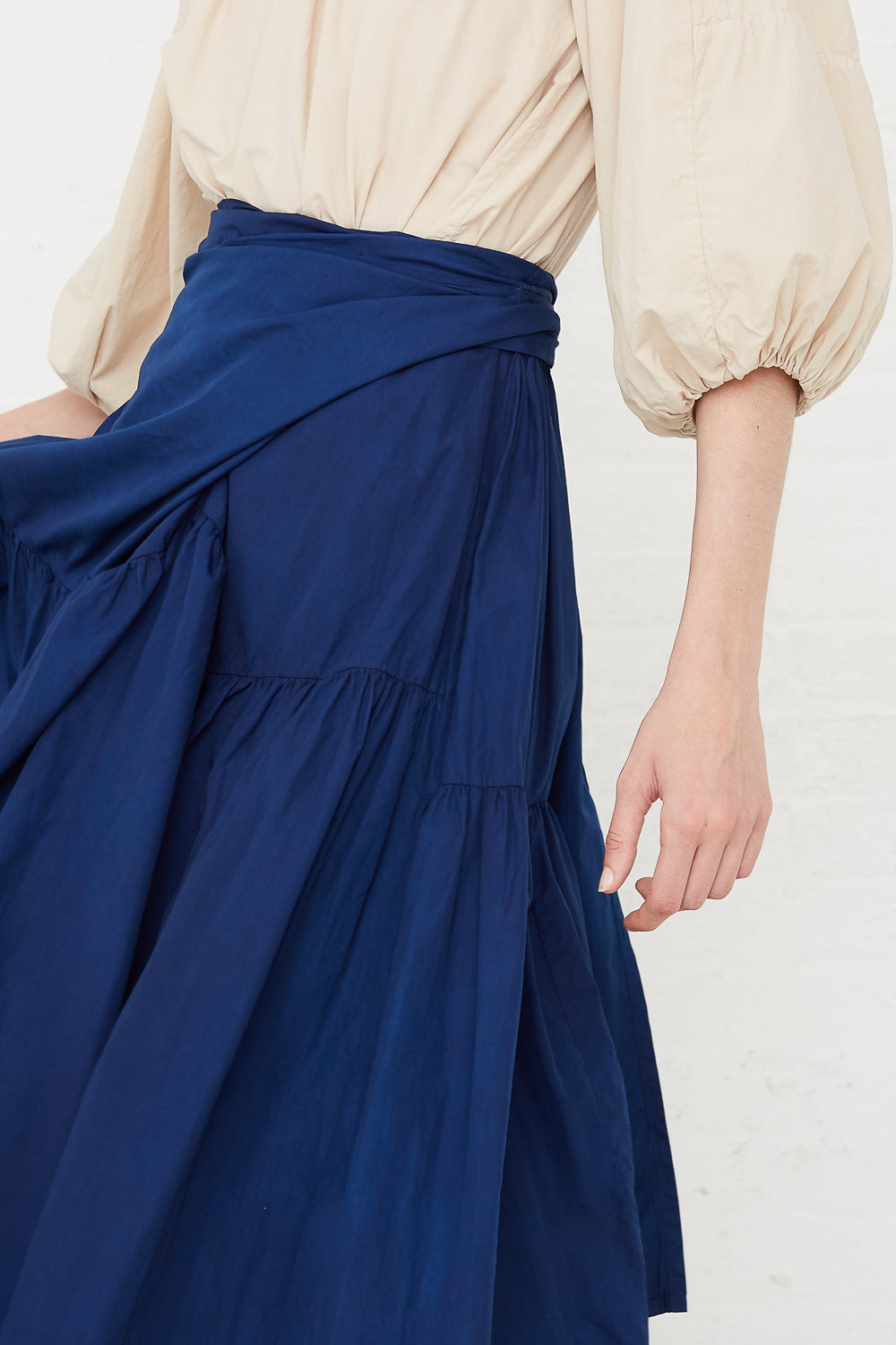 Cosmic Wonder - Suvin Cotton Broadcloth Wrapped Gather Skirt in Ryukyu Indigo front wrap detail