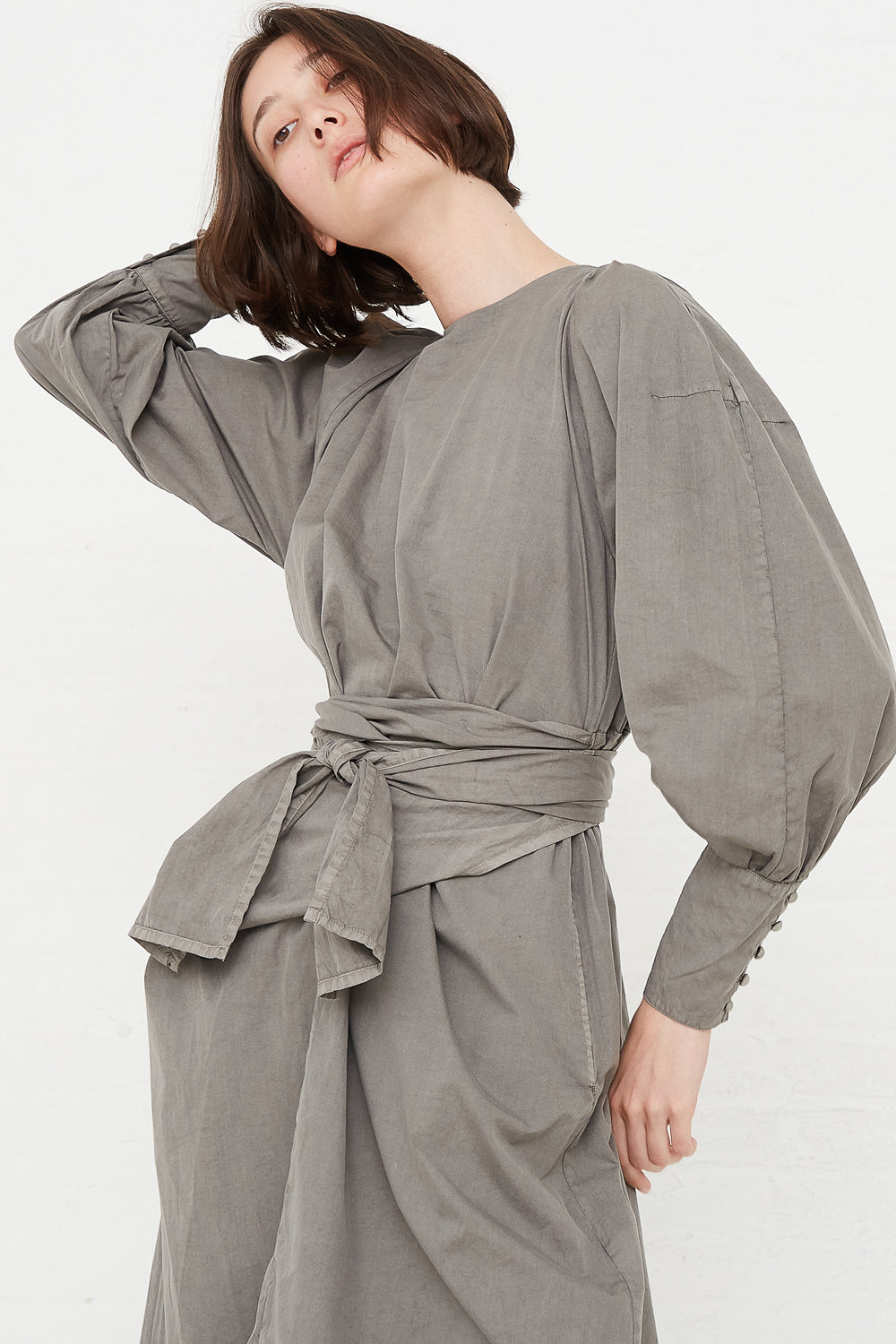 Cosmic Wonder - Suvin Cotton Broadcloth Wrapped Dress in Sumi front detail