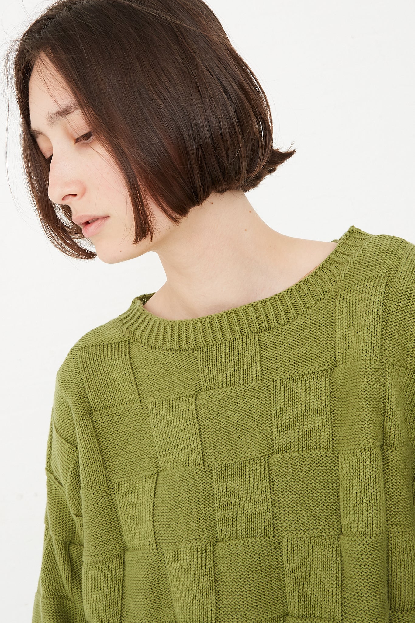 Baserange - Konak Sweater in Zek Green neck rib detail