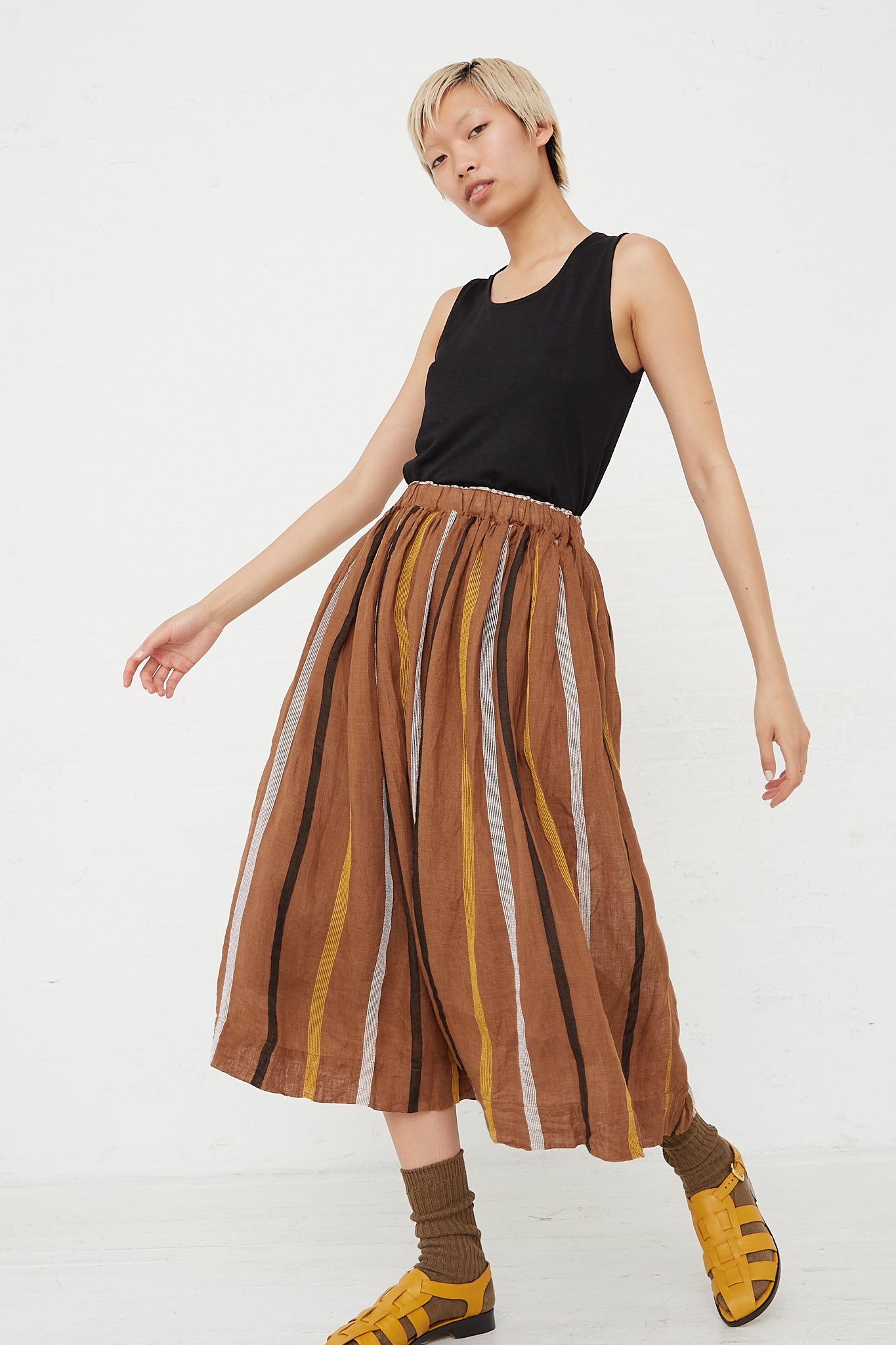Ichi Antiquites - Linen Dobby Stripe Skirt in Brown front