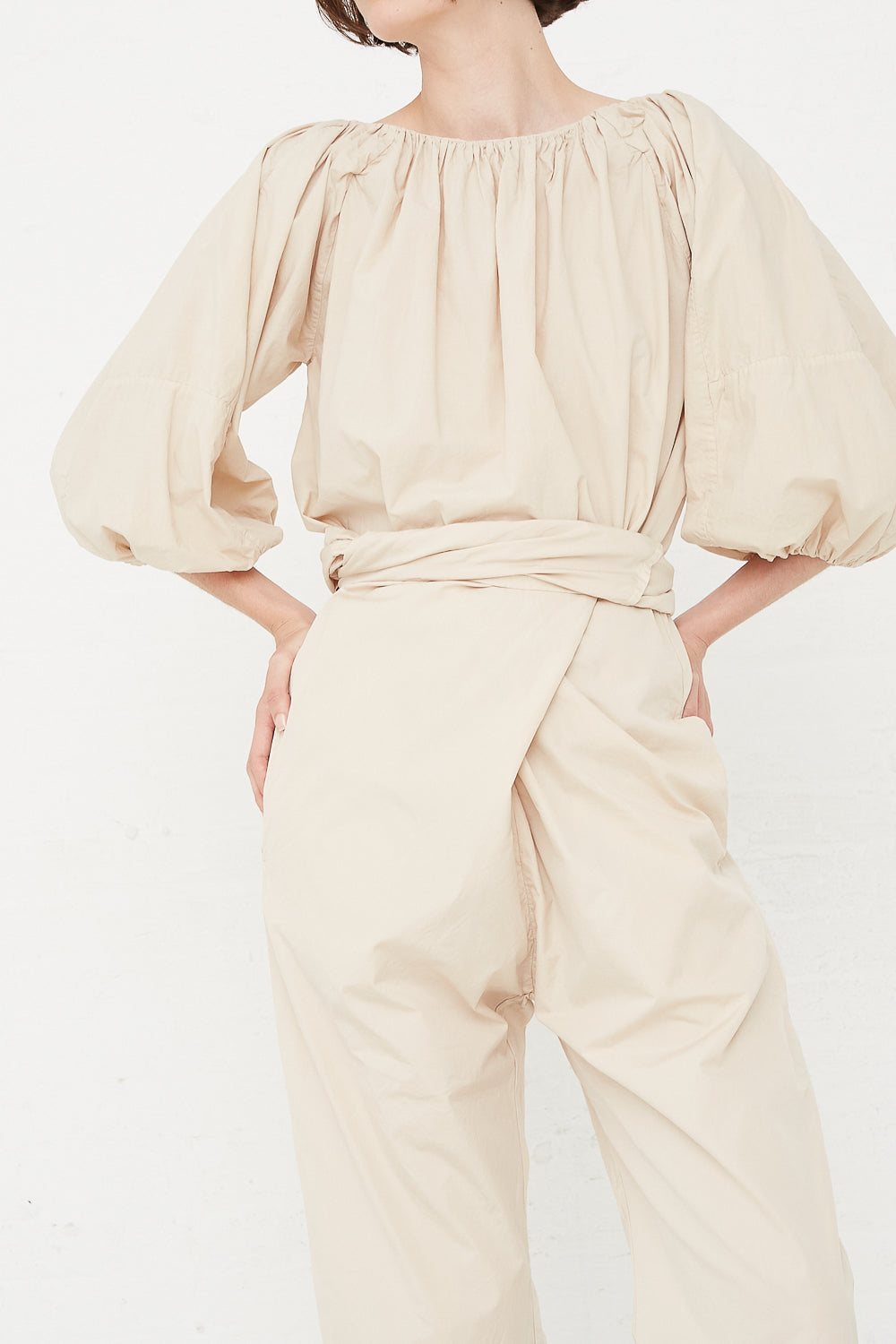 Cosmic Wonder - Suvin Cotton Broadcloth Wrap Pant in Beeswax front wrap detail