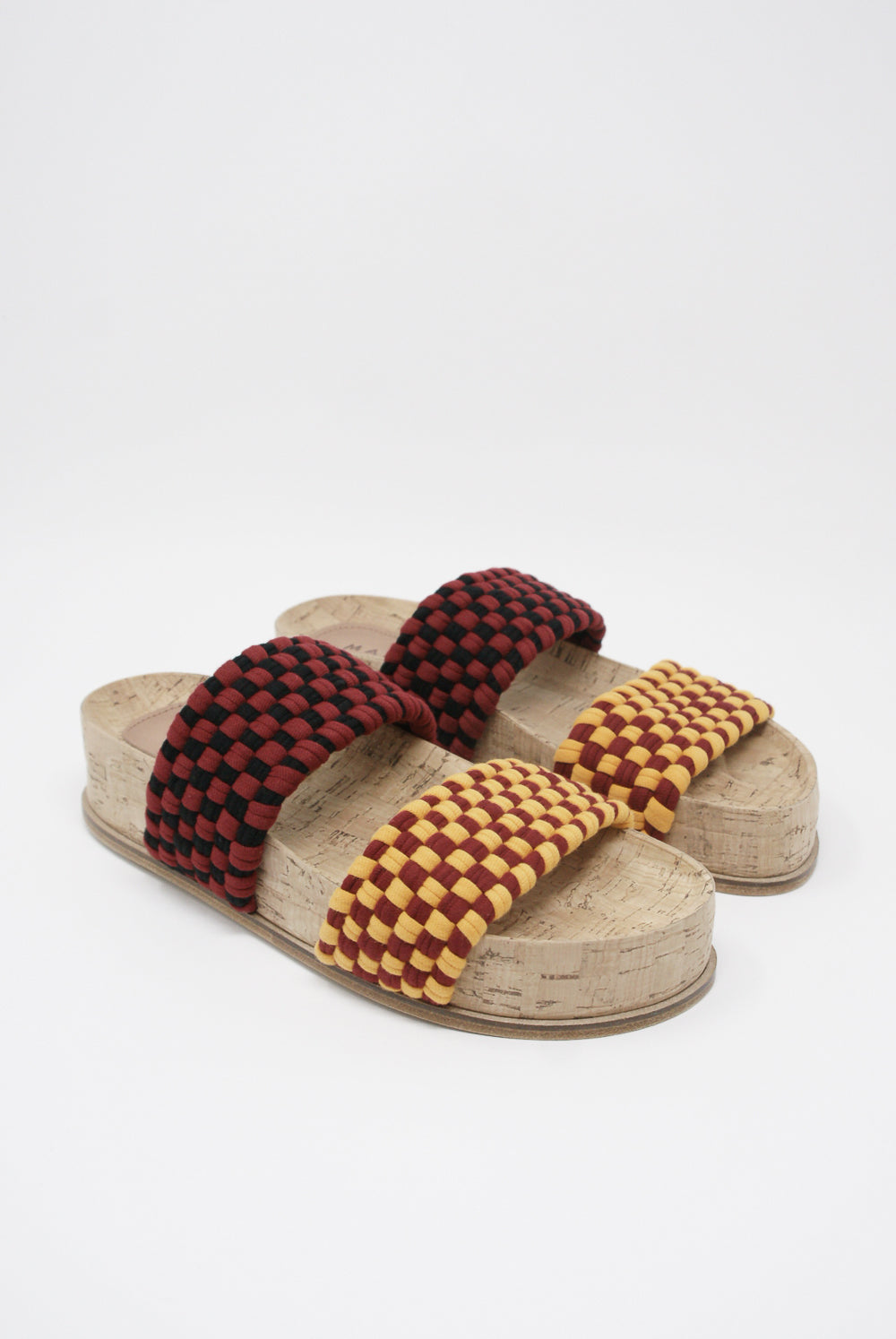 Marea - Dobla Banda Cork Sandal in Burgundy/Mustard diagonal front view