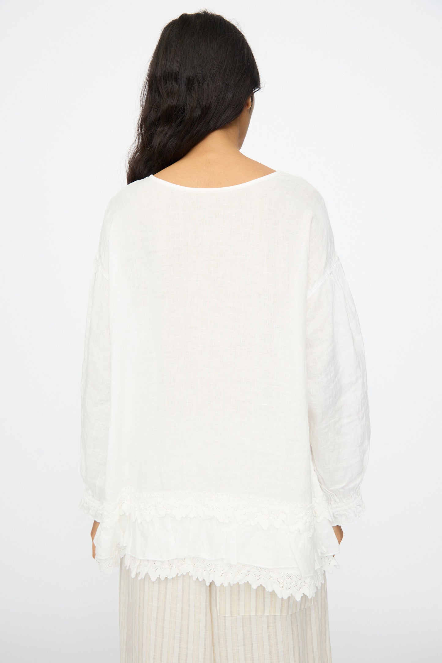 A person with long dark hair wears the nest Robe Linen Cotton Lace-Hem Two Way Blouse in Off White, photographed from the back against a plain background.