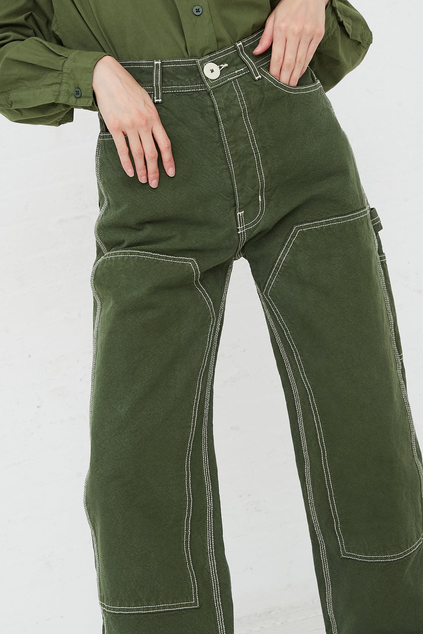 Organic Cotton Canvas Patchwork Handy Pant in Olive by Jesse Kamm for Oroboro Front Upclose