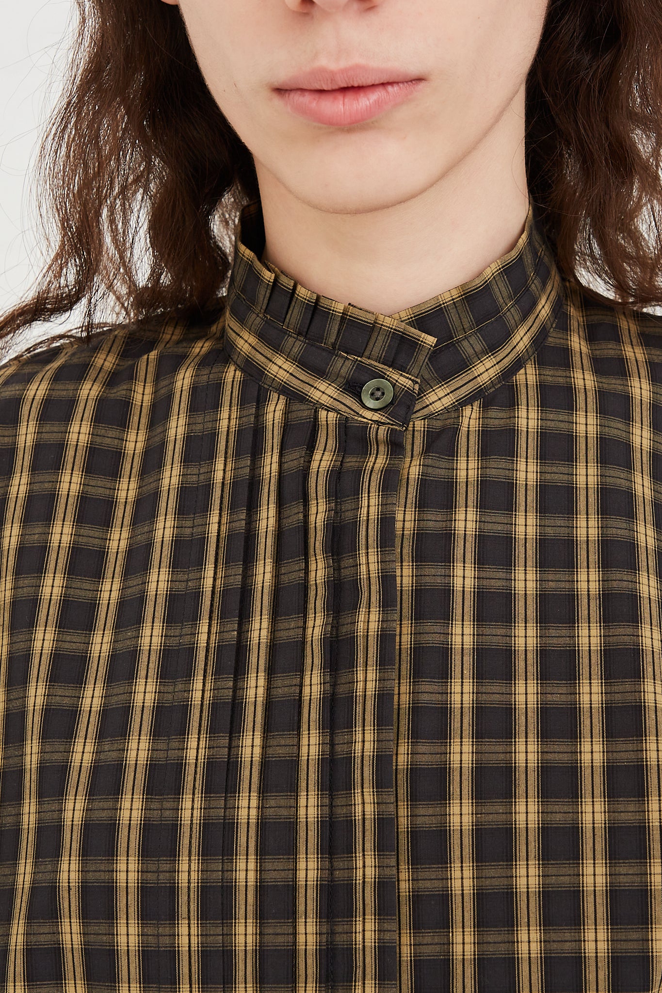 CHIMALA Pleated Stand Collar Shirt in Yellow Check - Oroboro Store | Front view and up close highlighting collar details and button