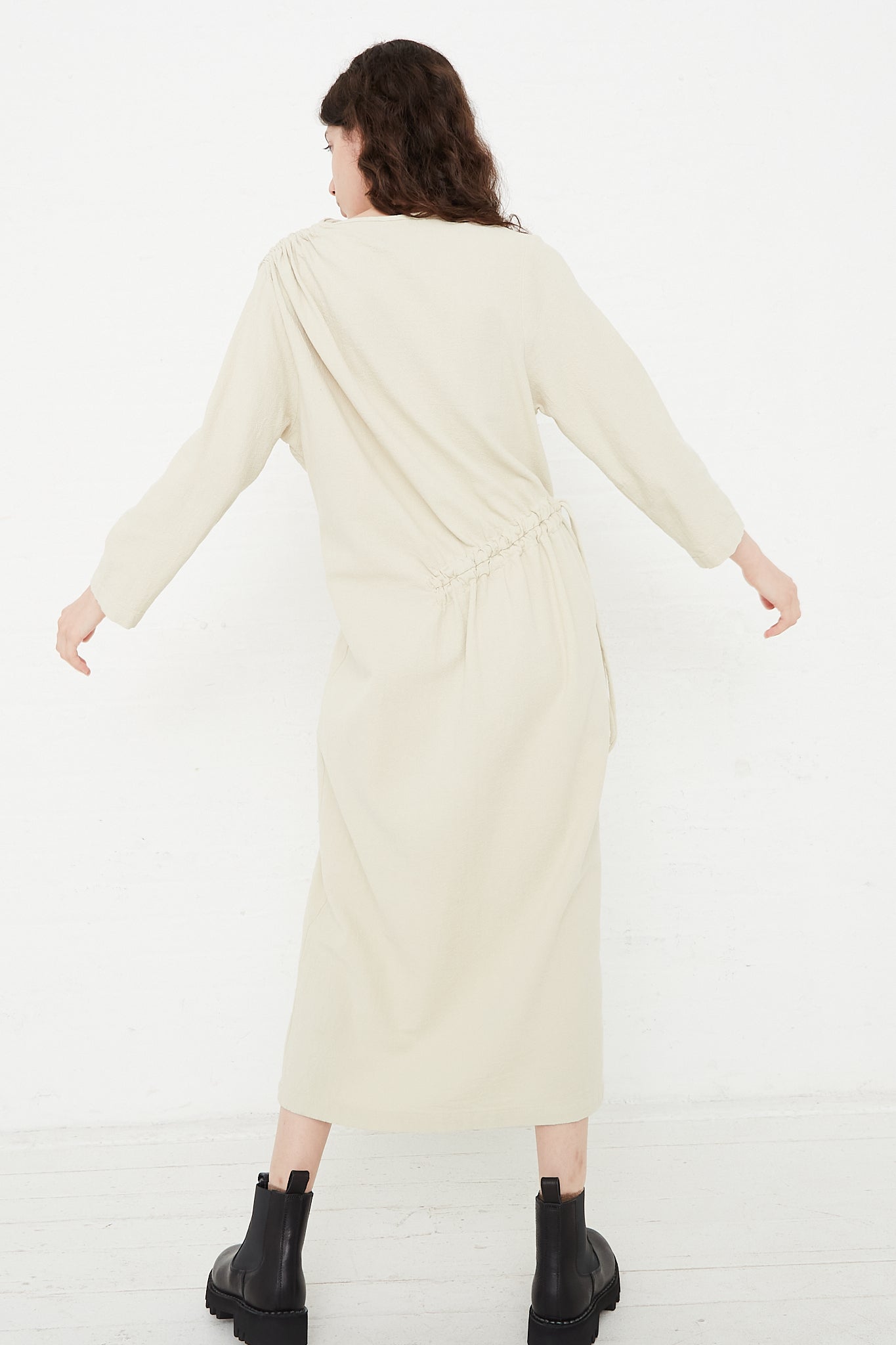 Cotton Woven Ruched Dress in Ivory by Black Crane for Oroboro Back
