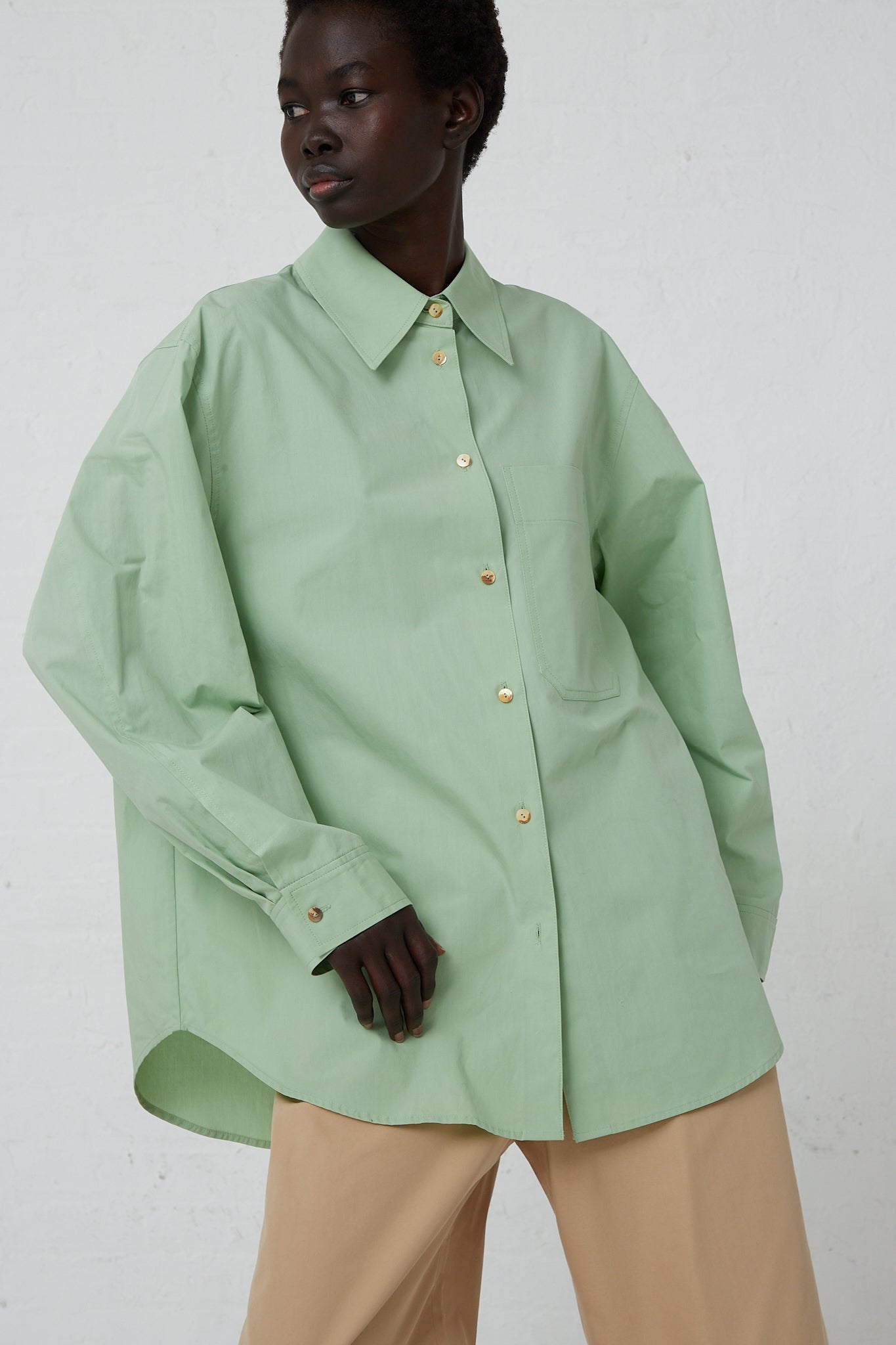 The model is wearing a Rejina Pyo Organic Cotton Caprice Shirt in Mint.