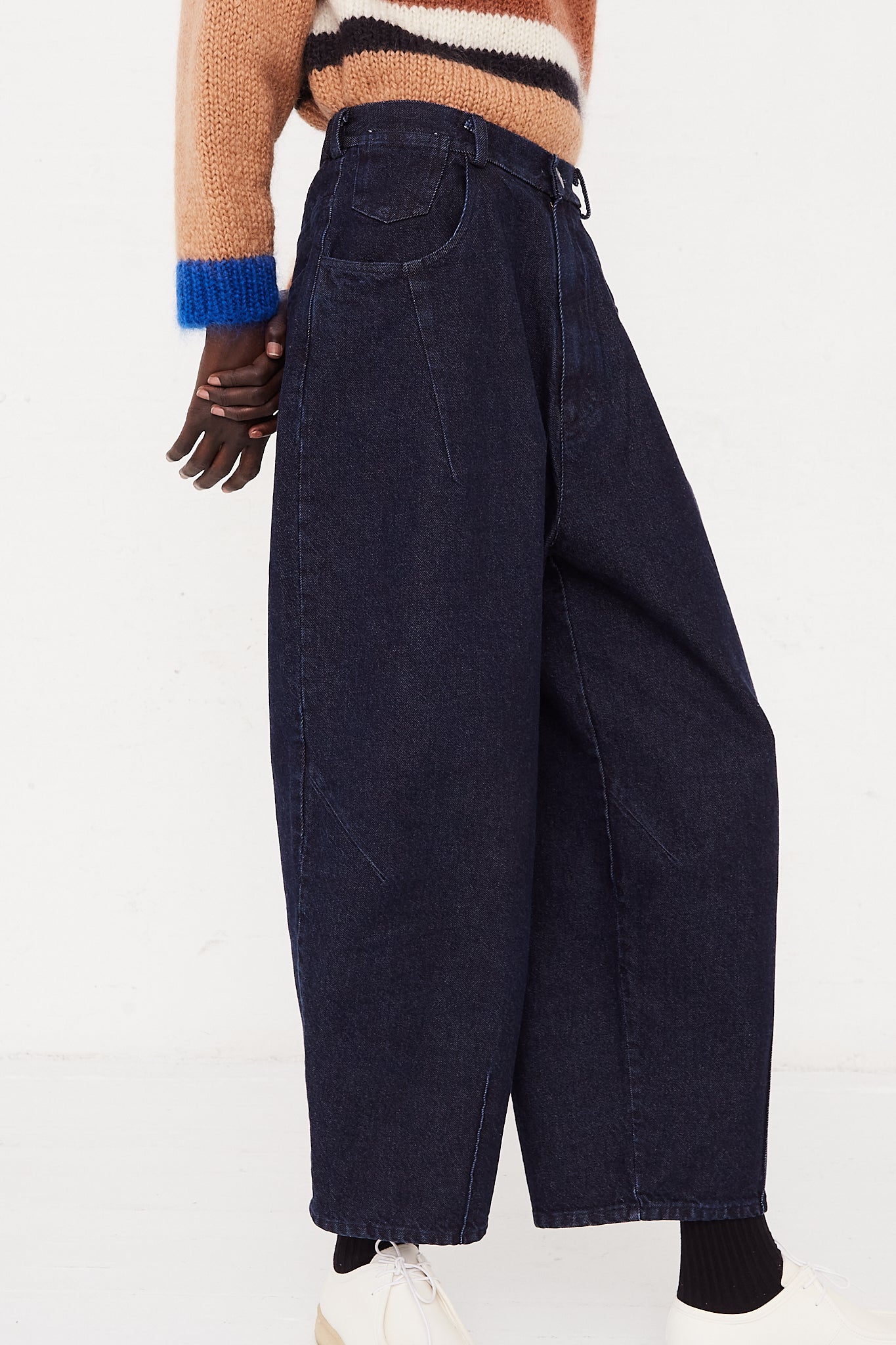 CORDERA Baggy Pant in Denim | Oroboro Store | Front image upclose on model