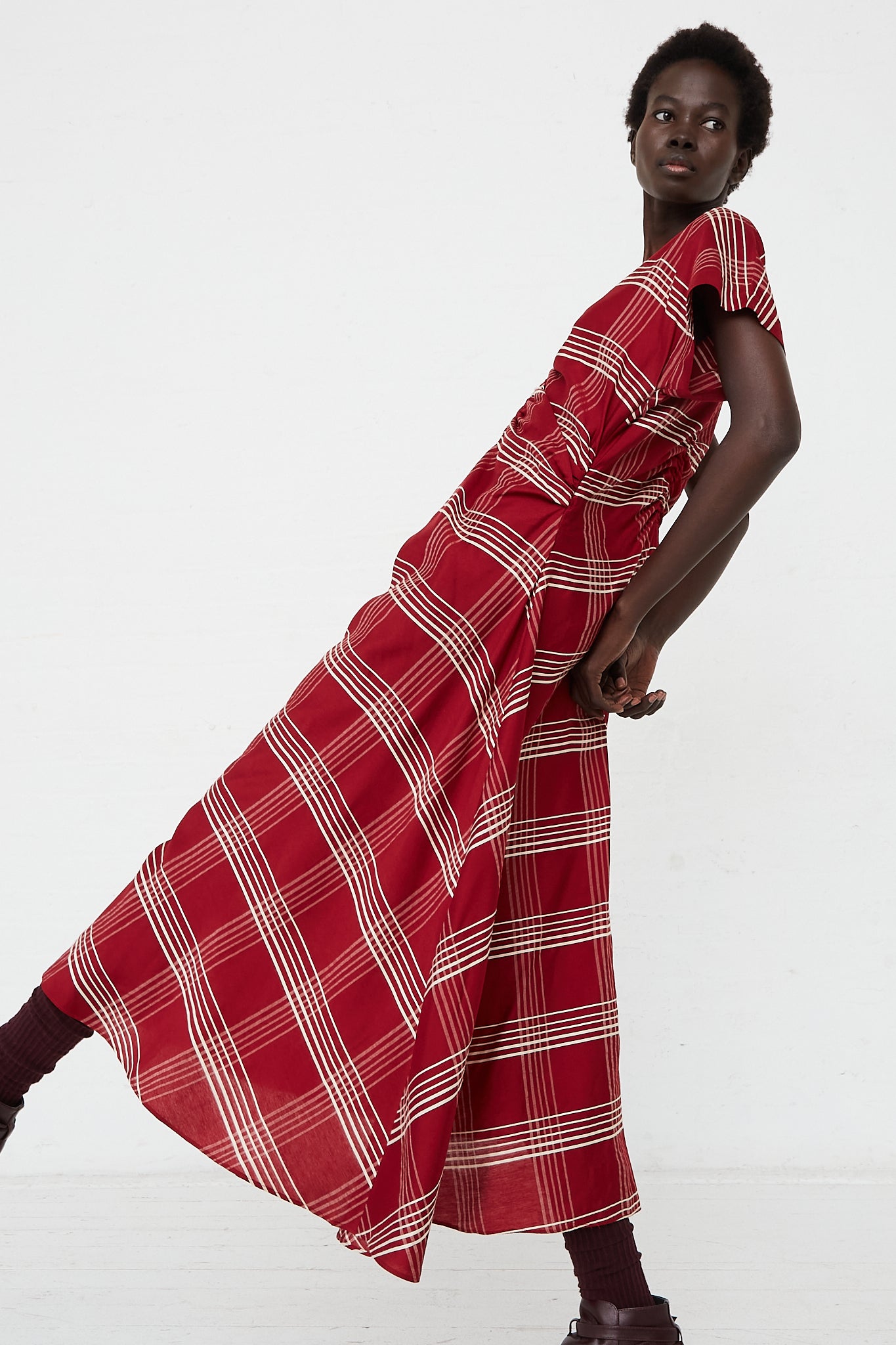 CARON CALLAHAN - Embroidered Plaid Veda Dress in Crimson | Oroboro Store | Sideview