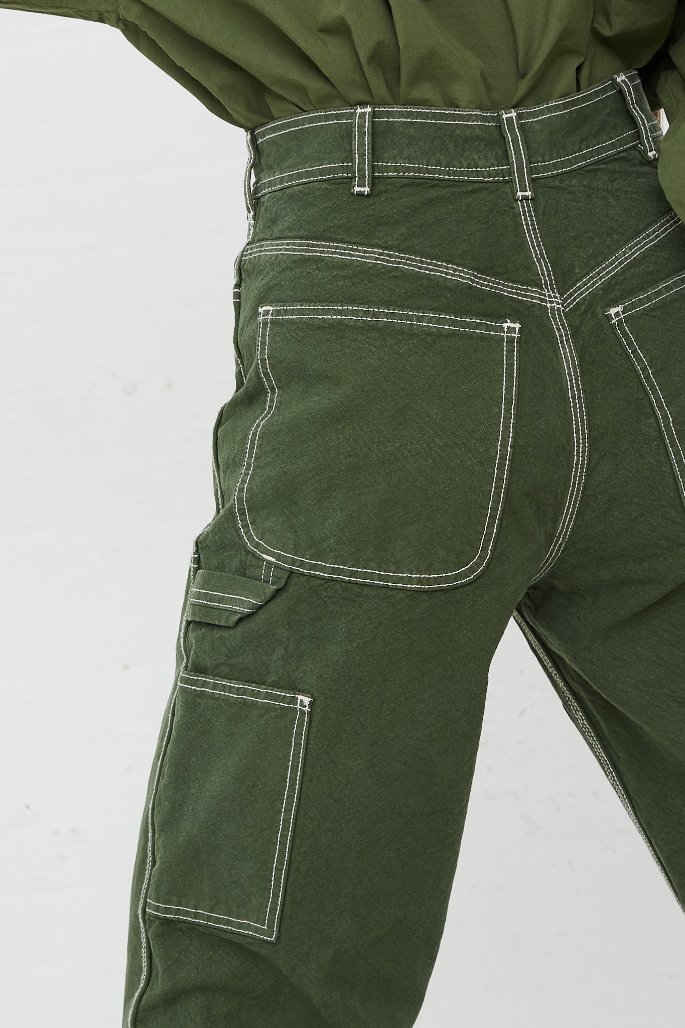 Organic Cotton Canvas Patchwork Handy Pant in Olive by Jesse Kamm for Oroboro Back Upclose
