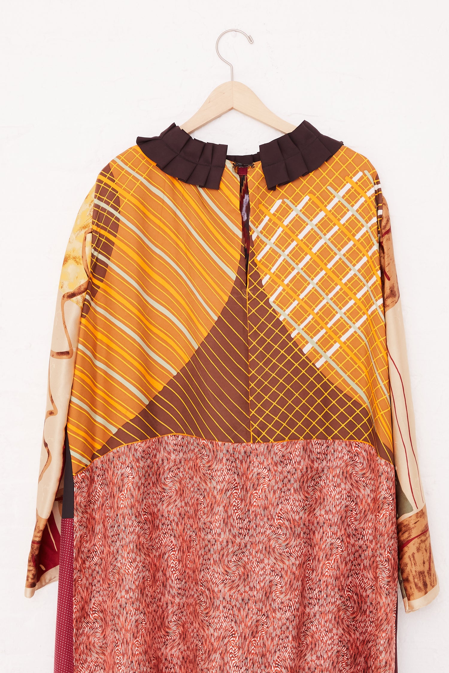 A sustainable shirt made from up-cycled Bettina Bakdal Silk Vintage Scarves Florence Dress with Ruffled Collar - L.