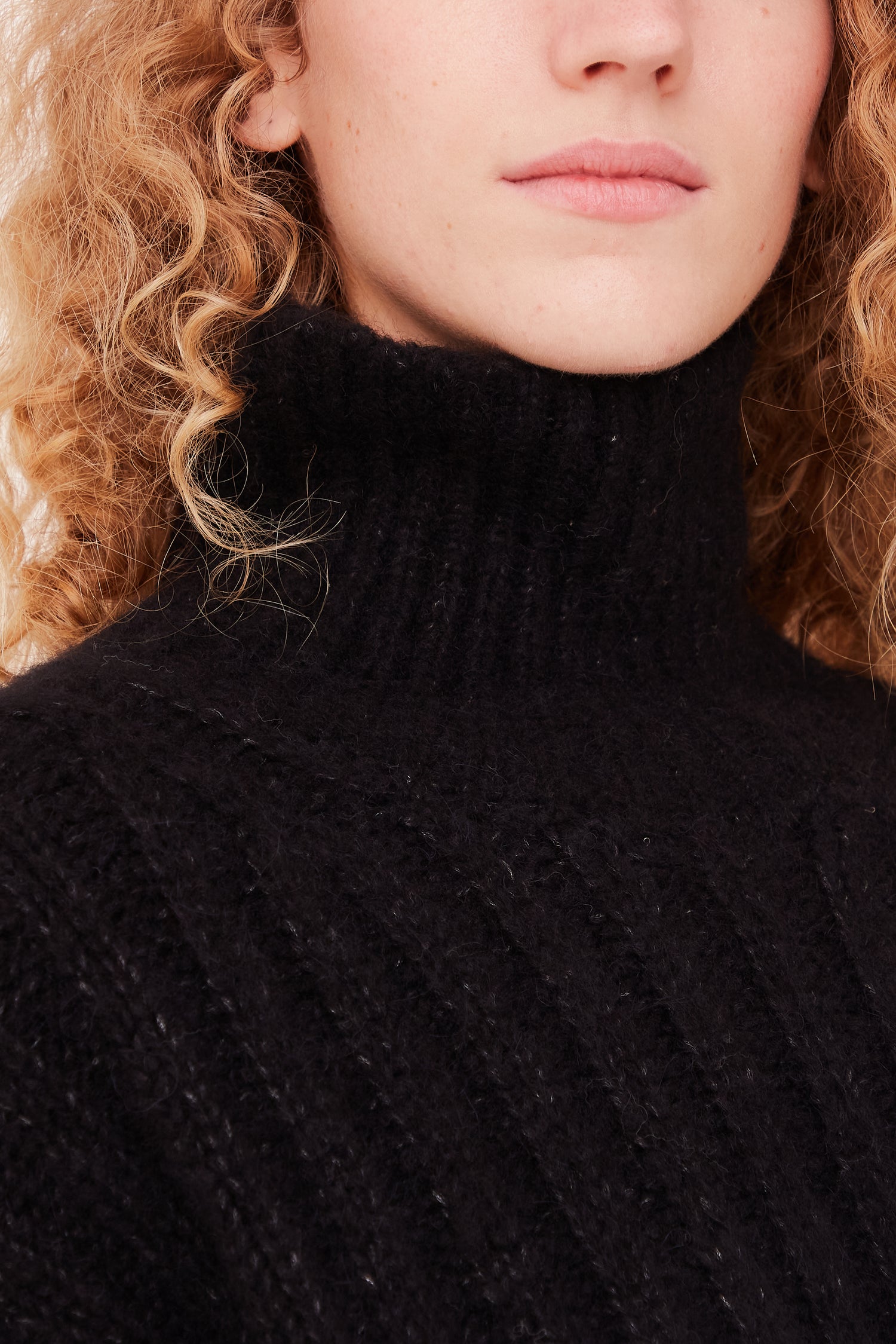 A model wearing the Lauren Manoogian Rib Turtleneck in Black.