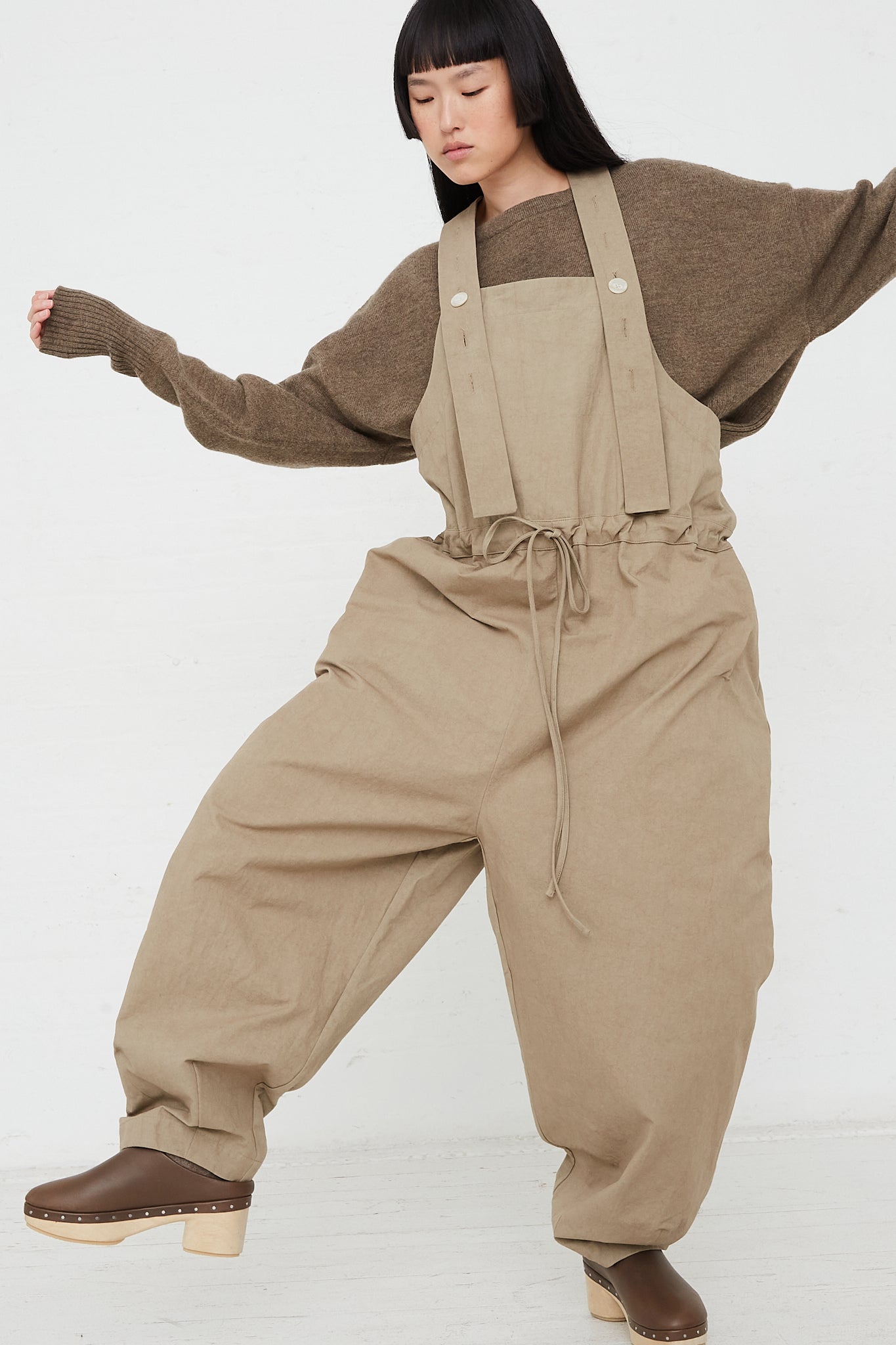 Lightweight Overalls in Drab by Lauren Manoogian for Oroboro Front