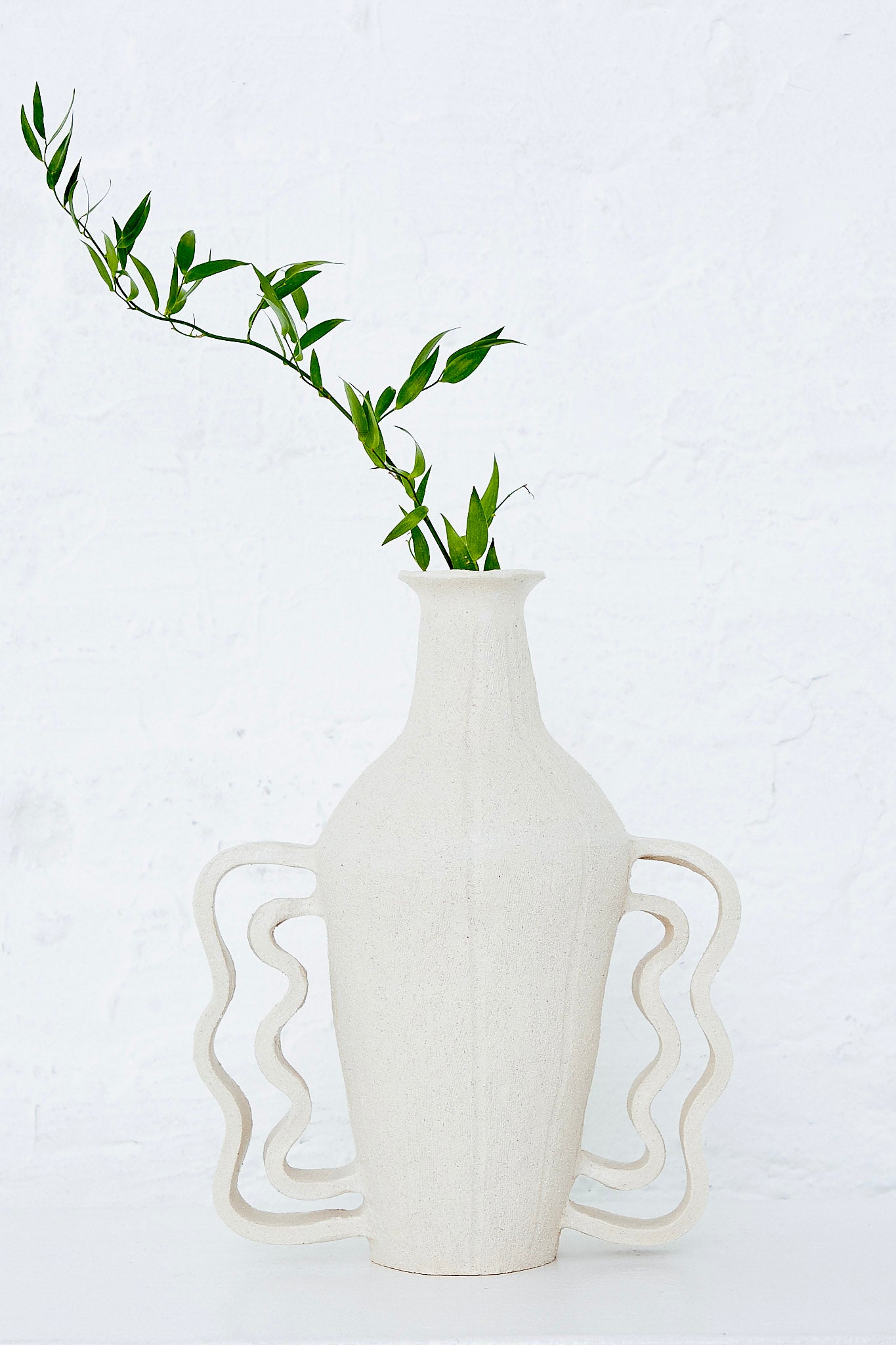 A white Clandestine handmade ceramic Amphora Le Grand Doubles Vagues vase with a green plant in it.