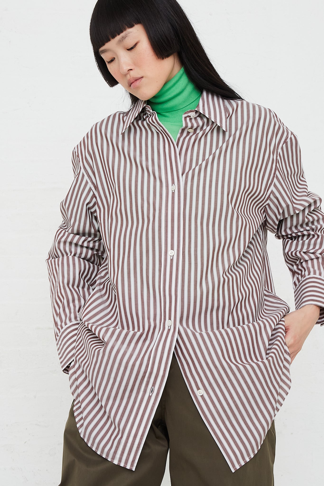 STUDIO NICHOLSON - Santos Overshirt in Rosewood and White | Oroboro Store