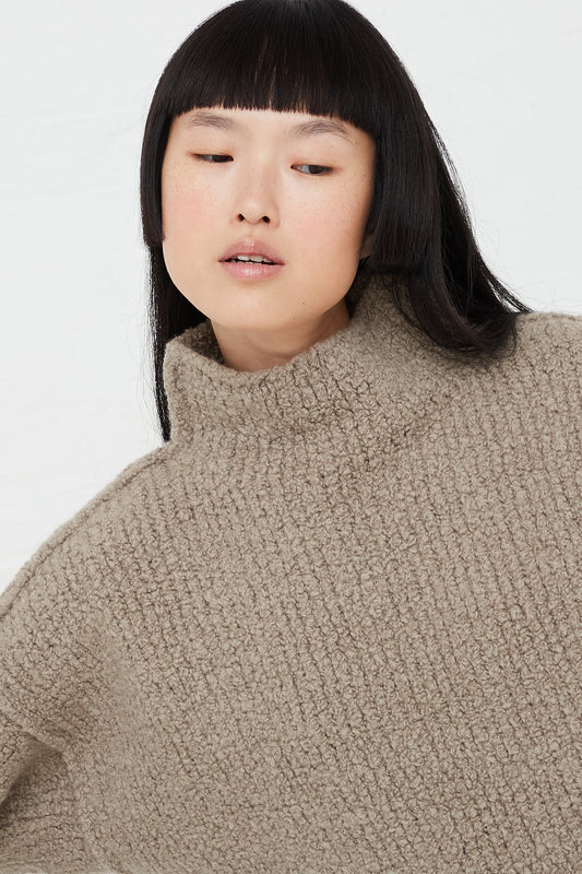 Taupe Turtleneck Sweater in Merino Boucle Wool by Lauren Manoogian for Oroboro Front Upclose