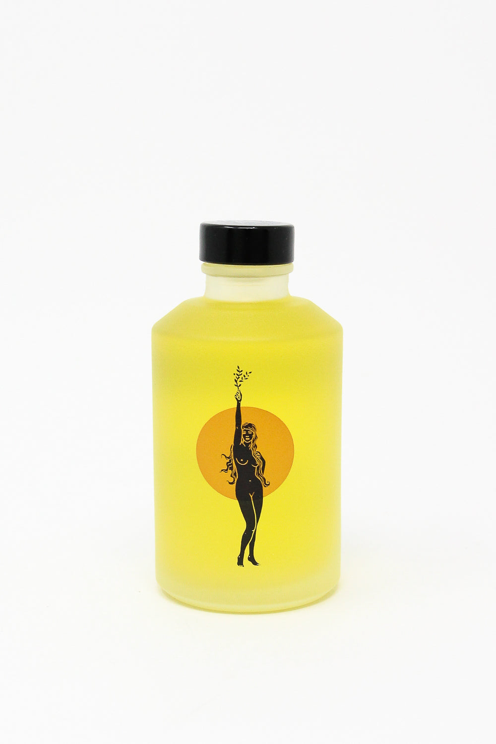 A Wonder Valley yellow bottle with a silhouette of a woman on it, containing Hinoki Body Oil for hydration and skin-softening.