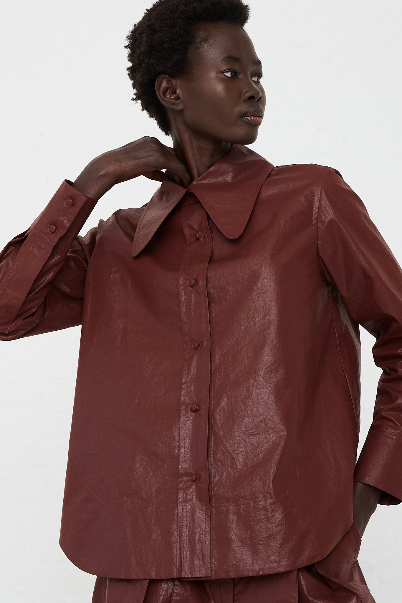 CARON CALLAHAN - Shiny Cotton Poplin Cooper Shirt in Chocolate | Oroboro Store | Front
