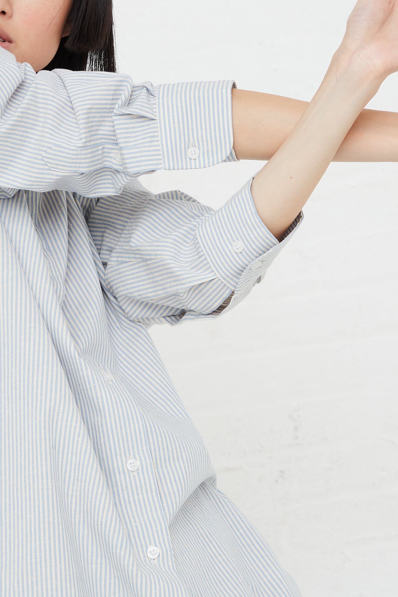 Ole Long Sleeve Shirt Dress in Organic Cotton by Baserange for Oroboro Front Upclose