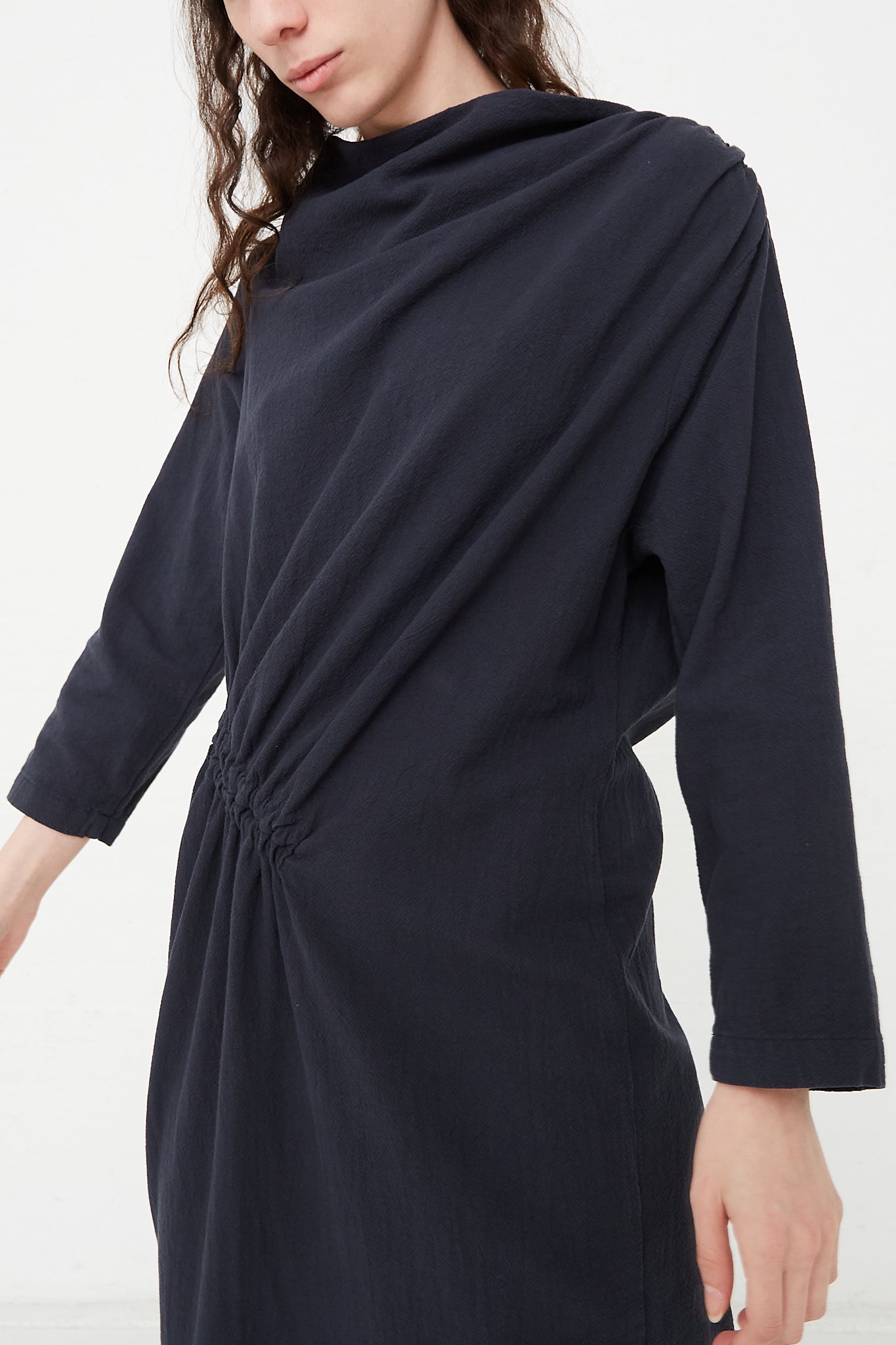 Cotton Woven Ruched Dress in Dark Navy by Black Crane for Oroboro Front Upclose