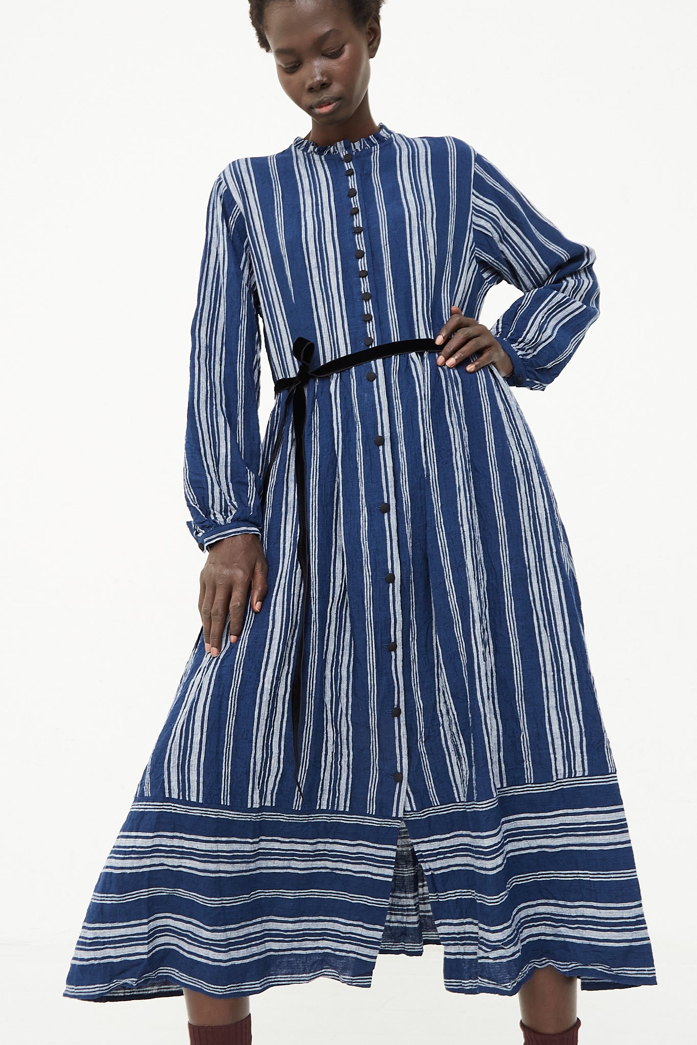 HALLELUJAH Striped Linen Jeune Paysanne in Indigo Blue Stripe - Oroboro Store