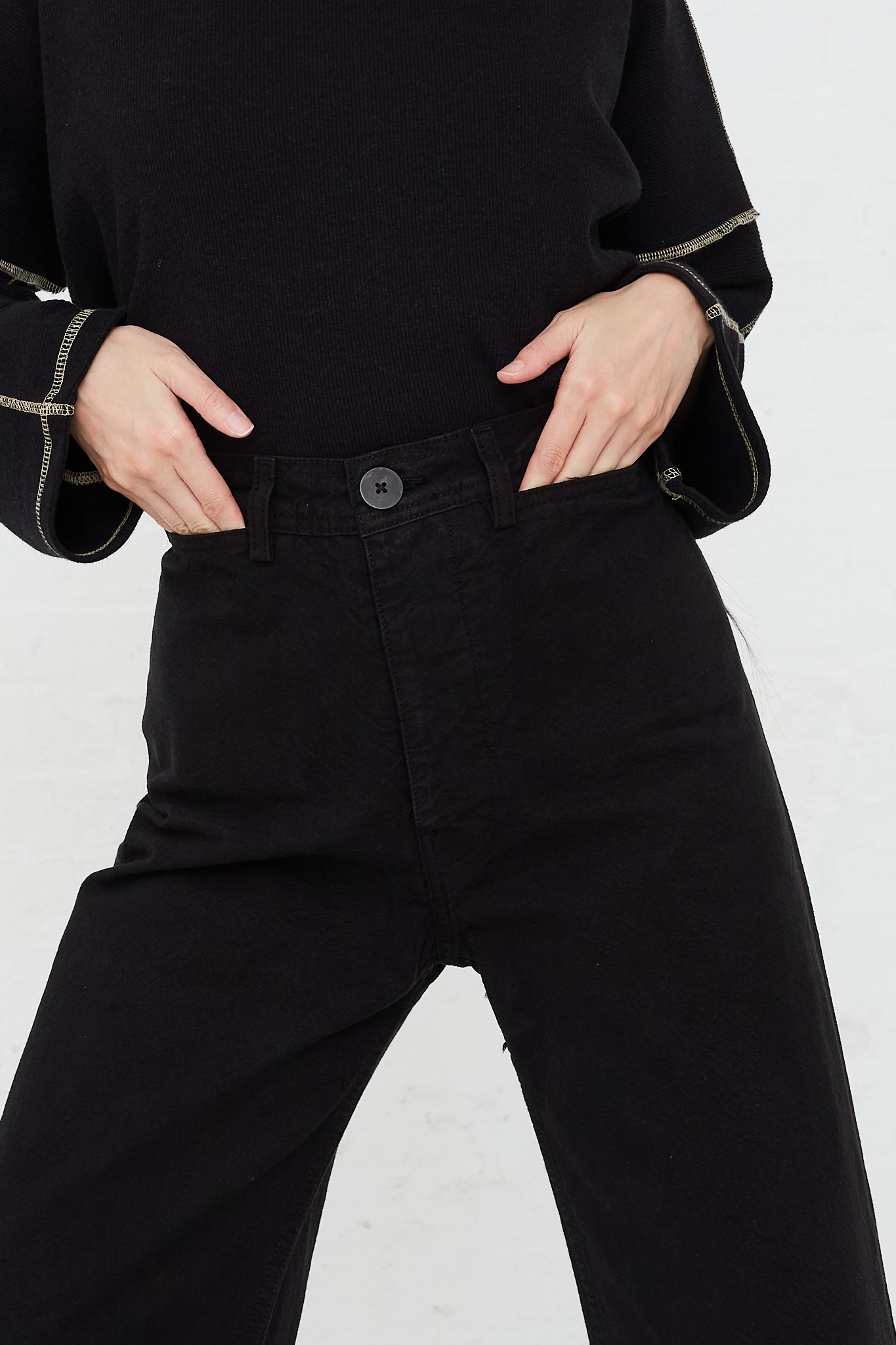 Organic Cotton Canvas Sailor Pant in Black by Jesse Kamm for Oroboro Front Upclose