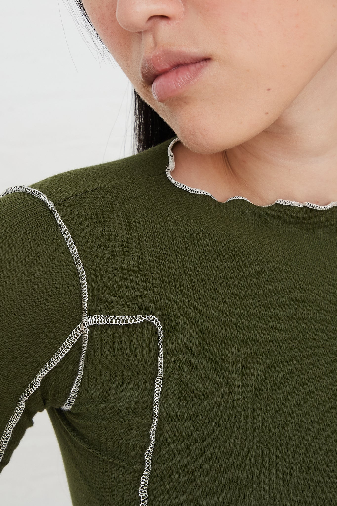 Omato Long Sleeve Turtleneck Tee in Green by Baserange for Oroboro Front Upclose