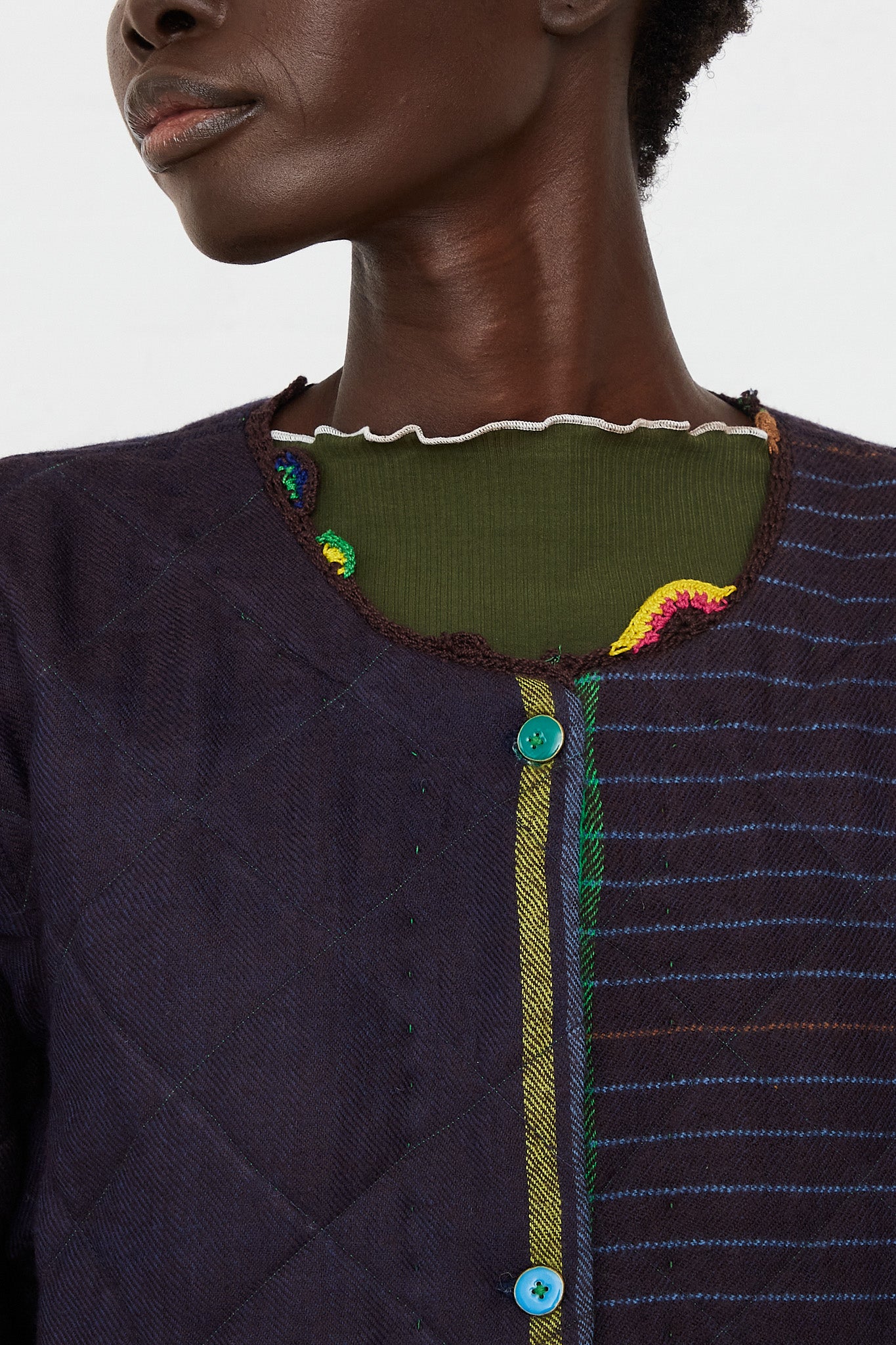 Long Quilted Coat Blue by Injiri for Oroboro Front Upclose