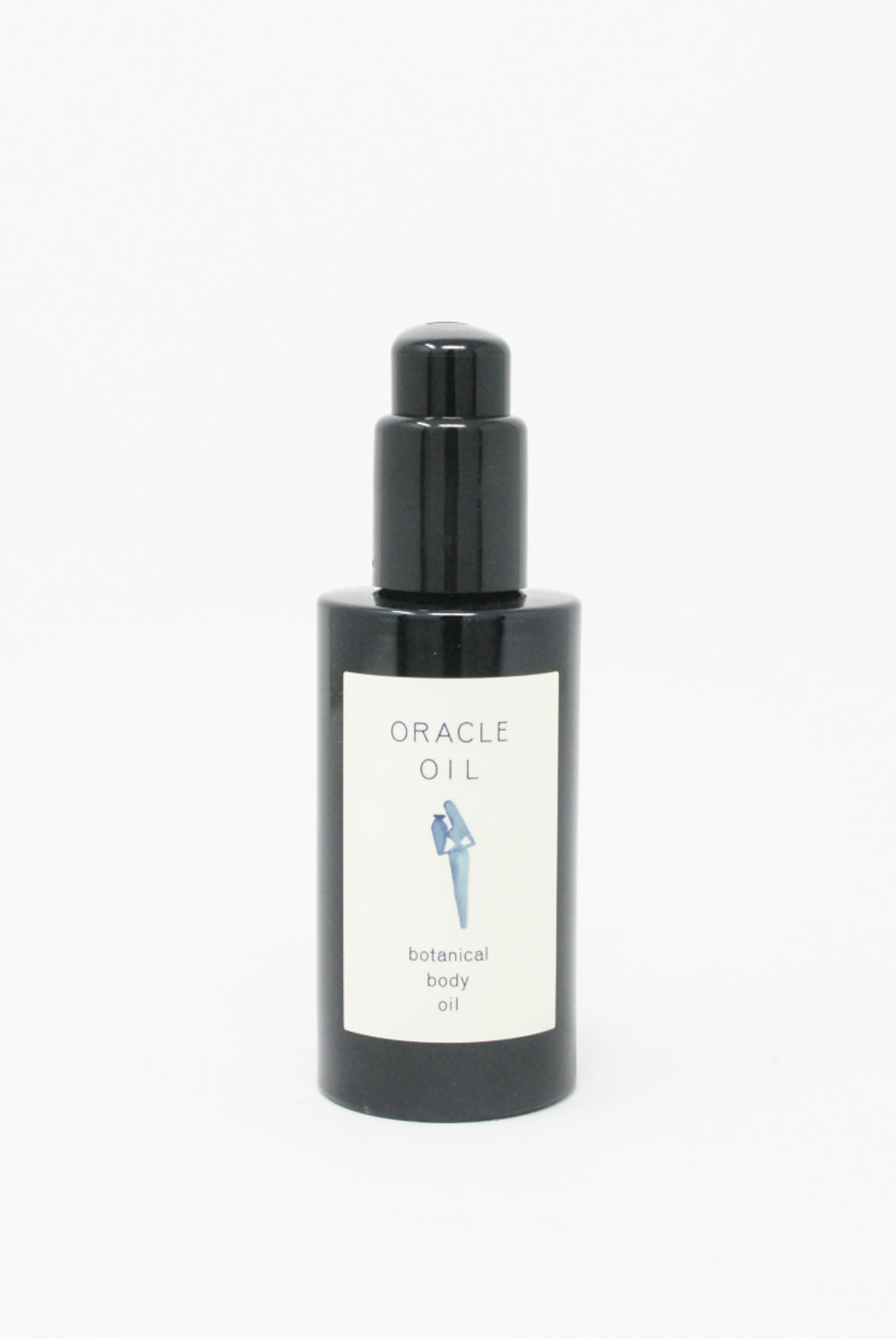 A bottle of Oracle Oil Botanical Body Oil, infused with Mediterranean botanicals, on a white background.