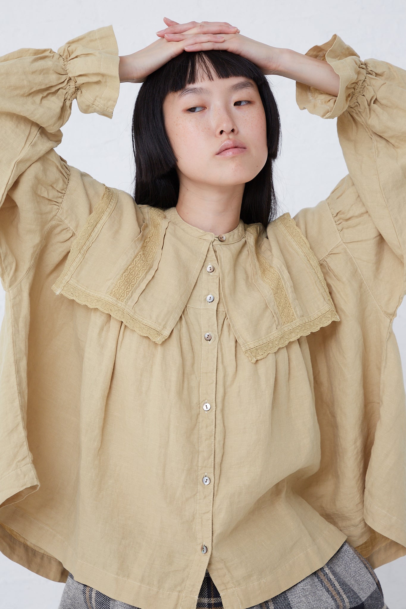nest Robe - Natural Dyed Linen Lace Blouse in Yellow | Oroboro ...