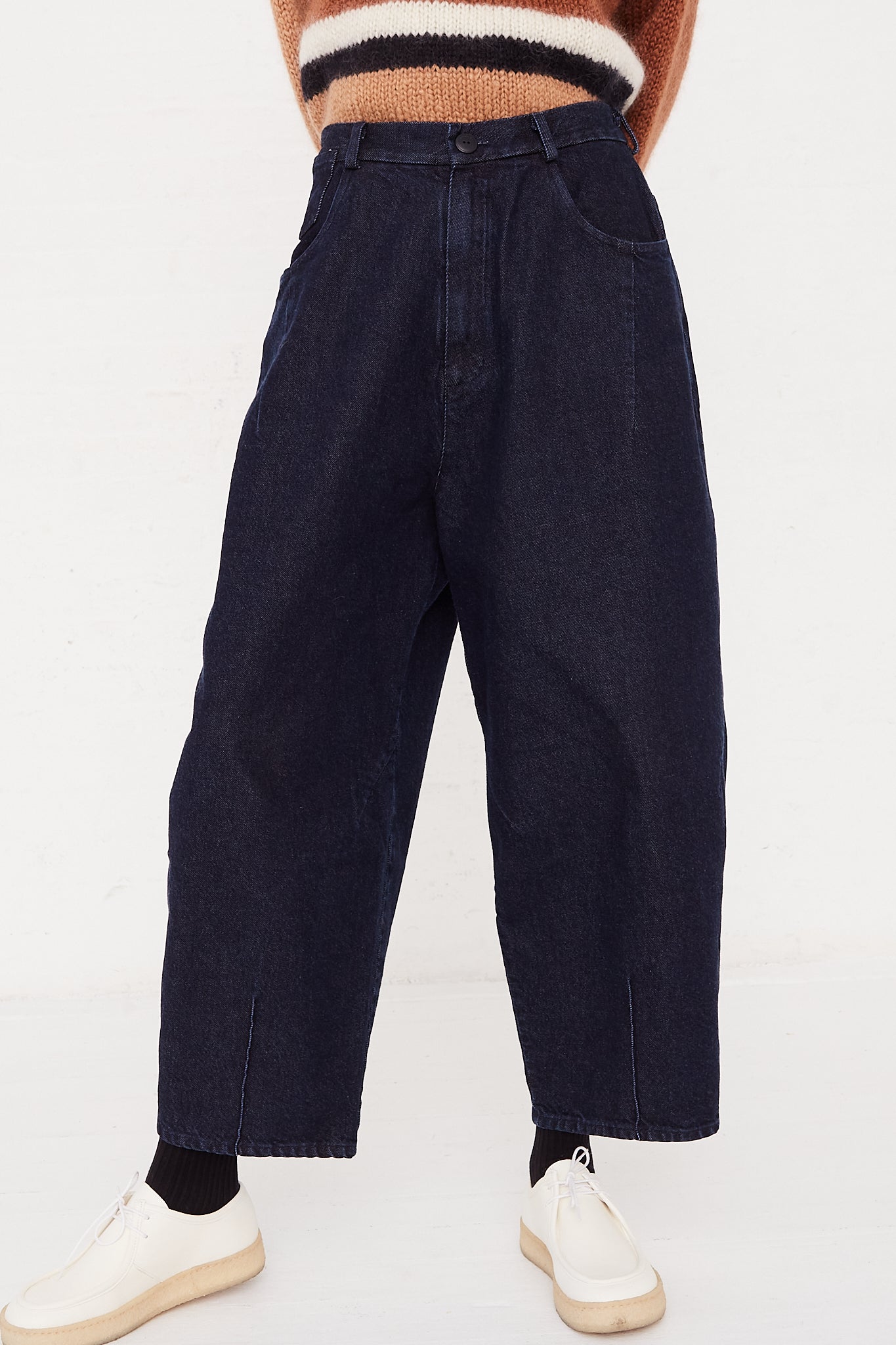 CORDERA Baggy Pant in Denim | Oroboro Store | Front image upclose of denim on model