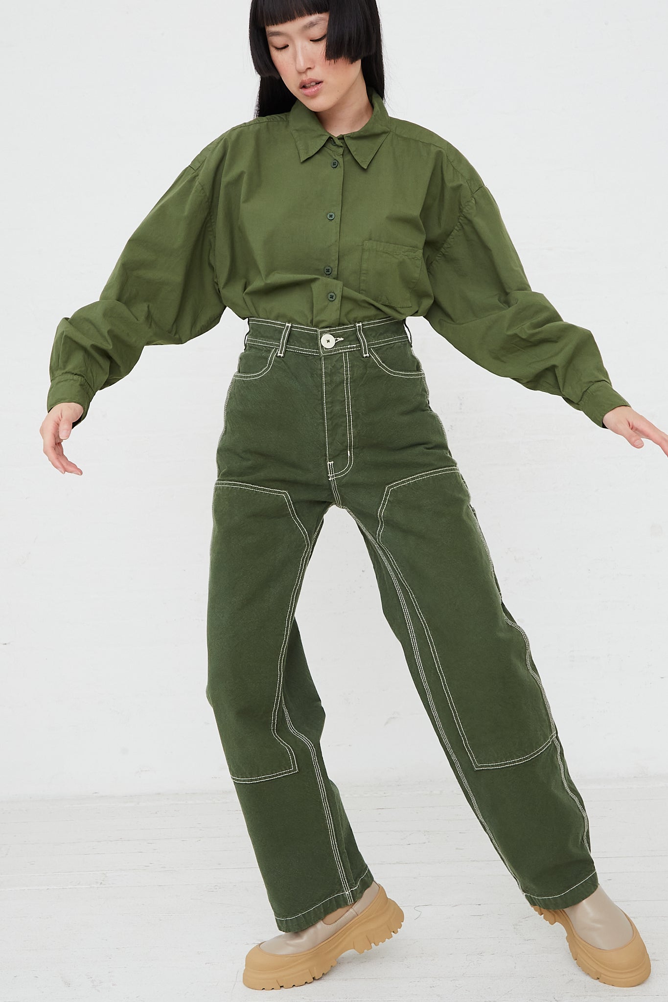 Organic Cotton Canvas Patchwork Handy Pant in Olive by Jesse Kamm for Oroboro Front