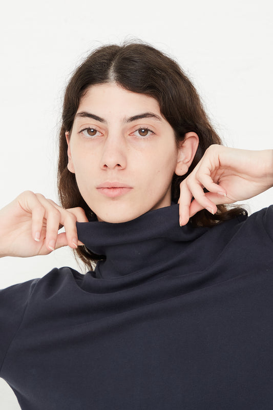 Organic Cotton Rib Knit Turtleneck Top in Dark Navy by Black Crane for Oroboro Front Upclose