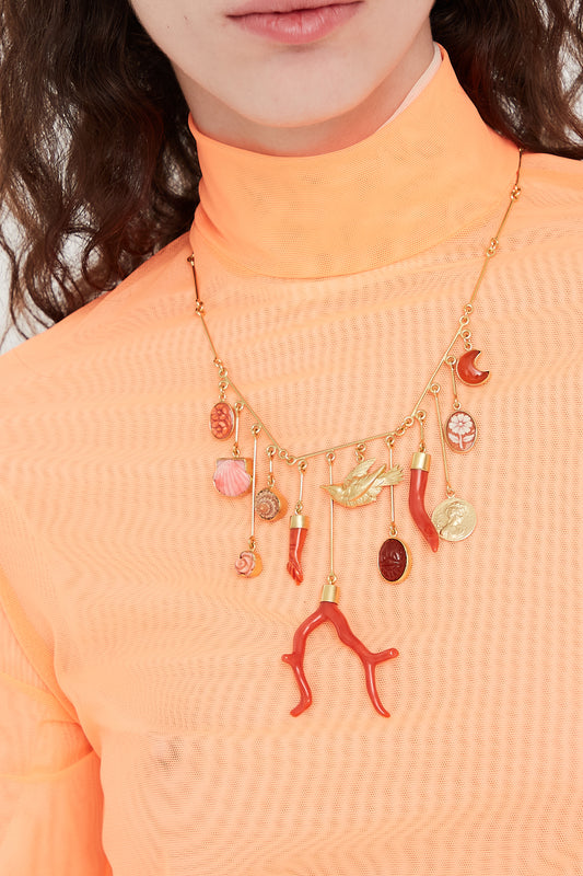 Wire Charm Drop Necklace in Coral