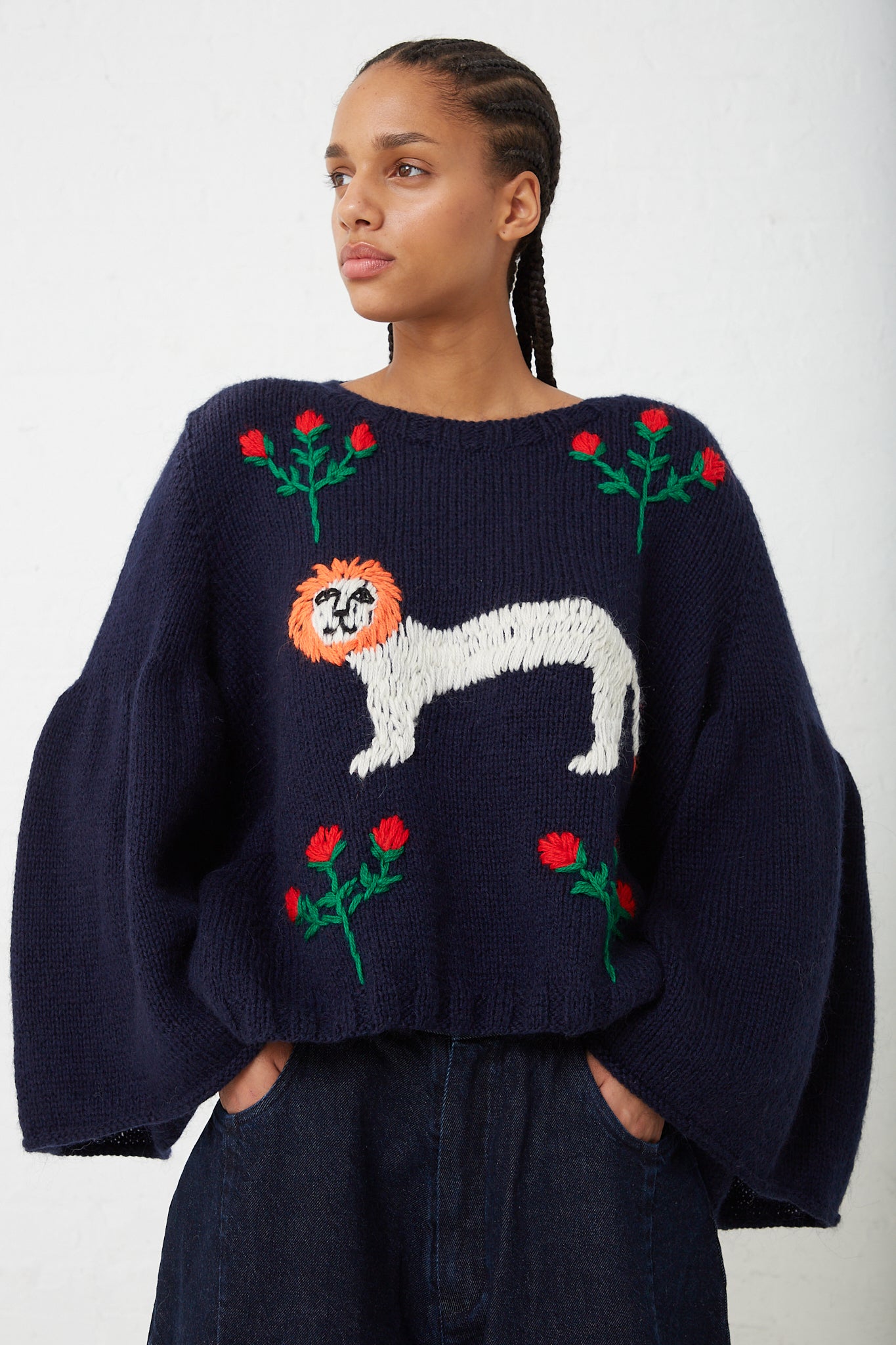 Sofio Gongli Lion and Fish Sweater in Navy Blue Oroboro