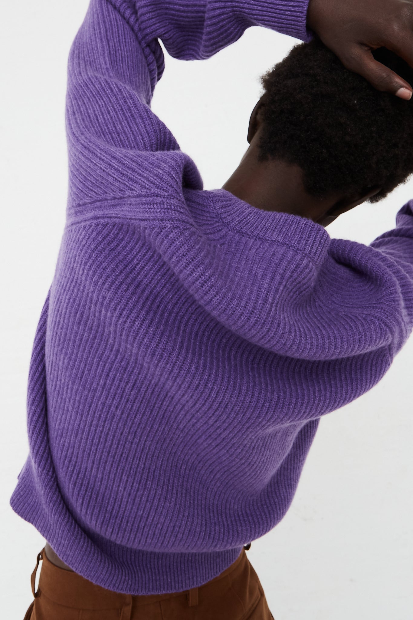 Ribbed Raglan Cashmere Cropped Sweater Purple by CristaSeya for Oroboro Back Upclose