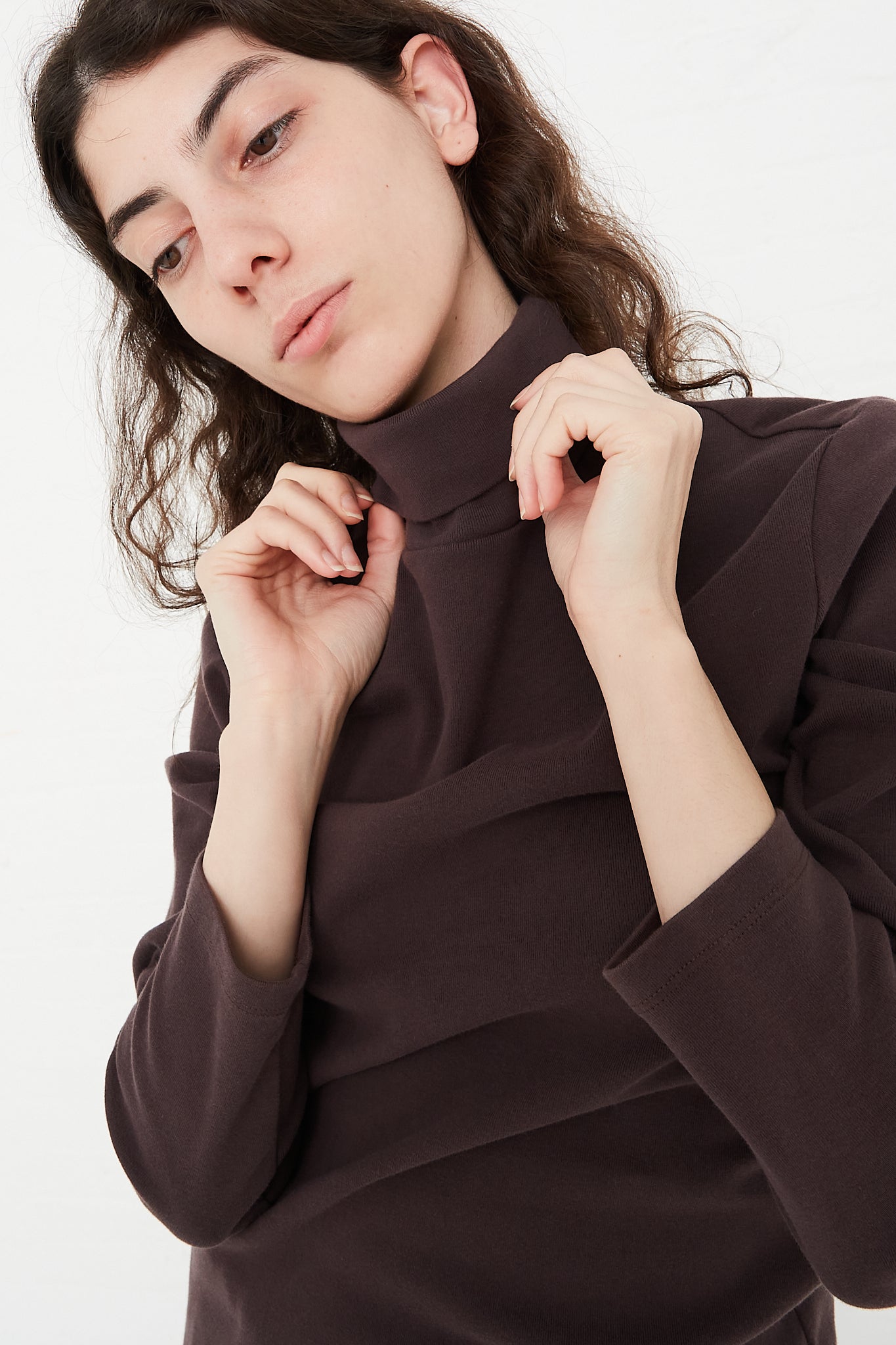 Organic Cotton Rib Knit Turtleneck Top in Plum by Black Crane for Oroboro Front