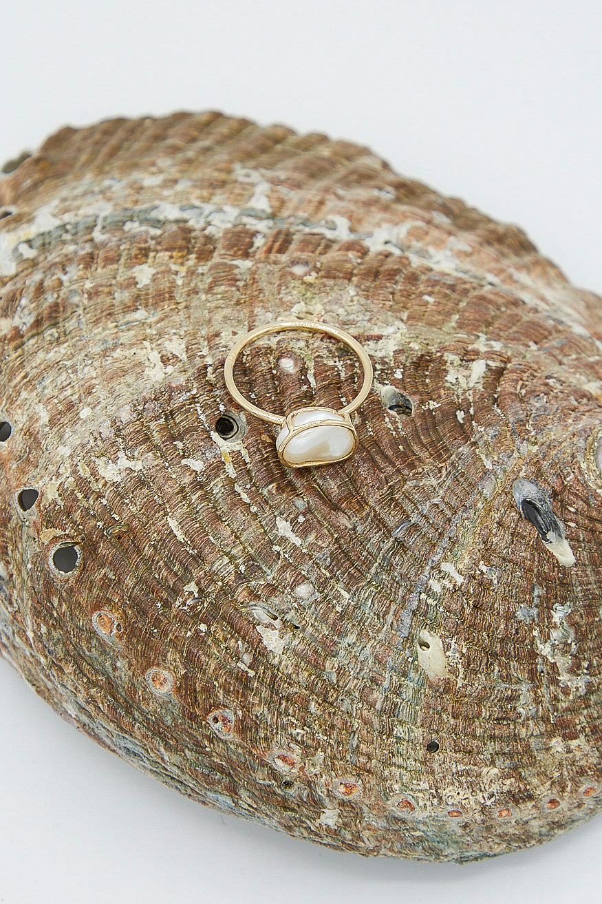 A Mary MacGill 14K Floating Ring in Pearl delicately rests on top of a beautiful shell, creating a mesmerizing handmade masterpiece.
