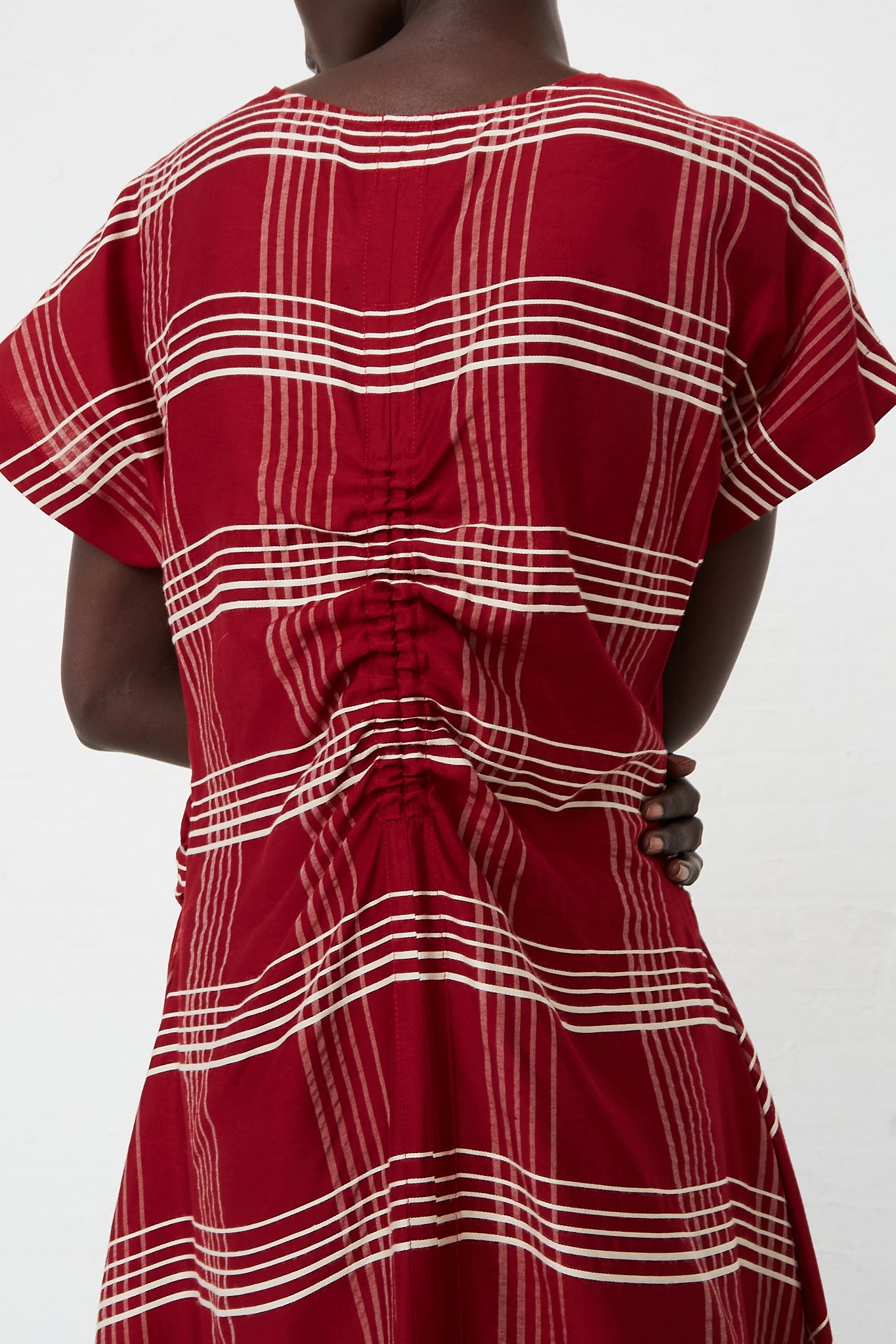 CARON CALLAHAN - Embroidered Plaid Veda Dress in Crimson | Oroboro Store | Back Upclose