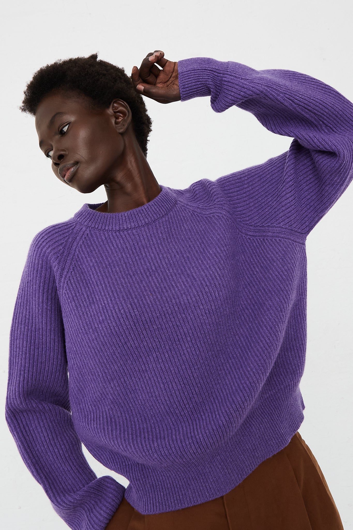 Ribbed Raglan Cashmere Cropped Sweater Purple by CristaSeya for Oroboro Front Upclose