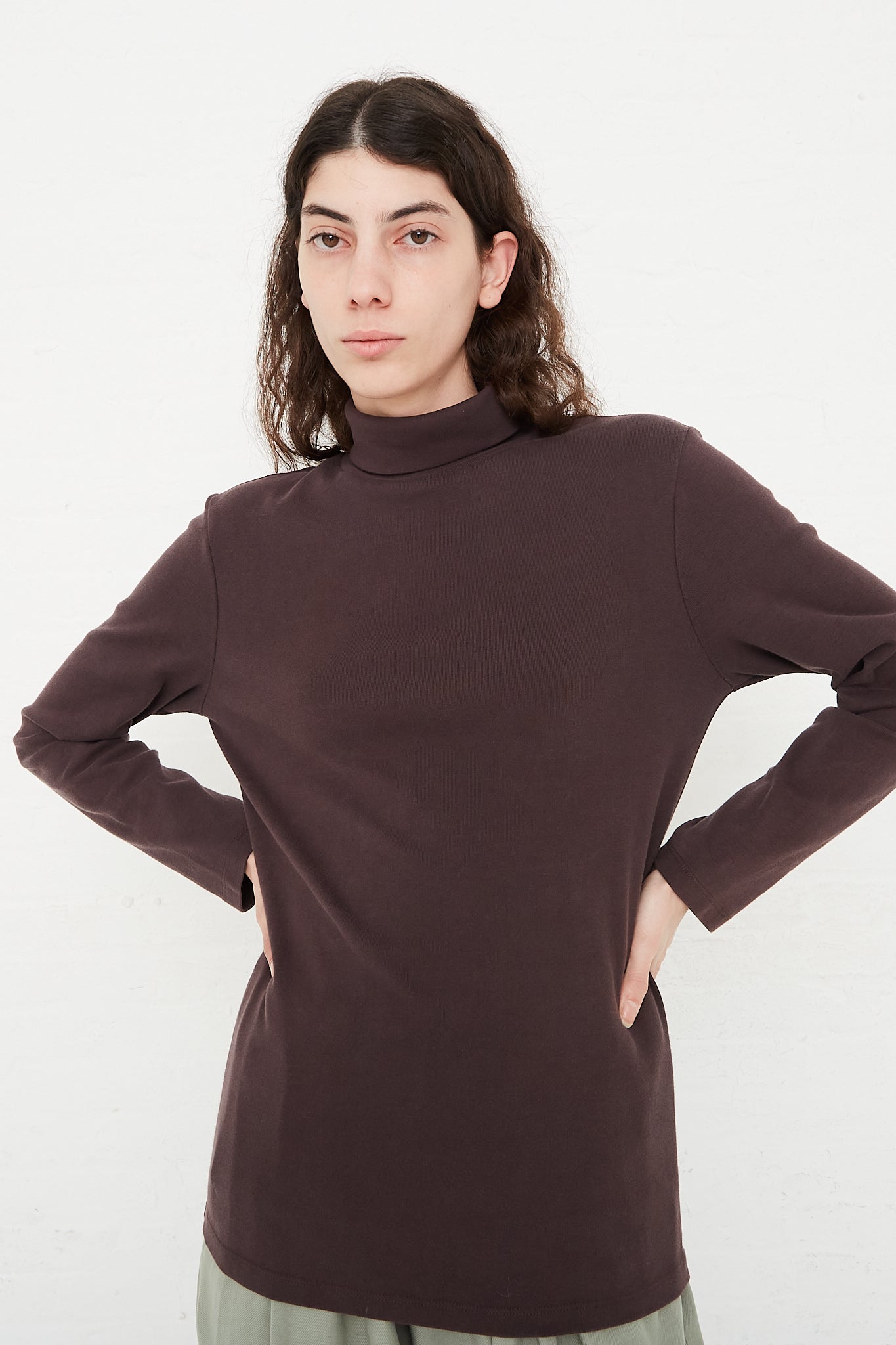 Organic Cotton Rib Knit Turtleneck Top in Plum by Black Crane for Oroboro Front