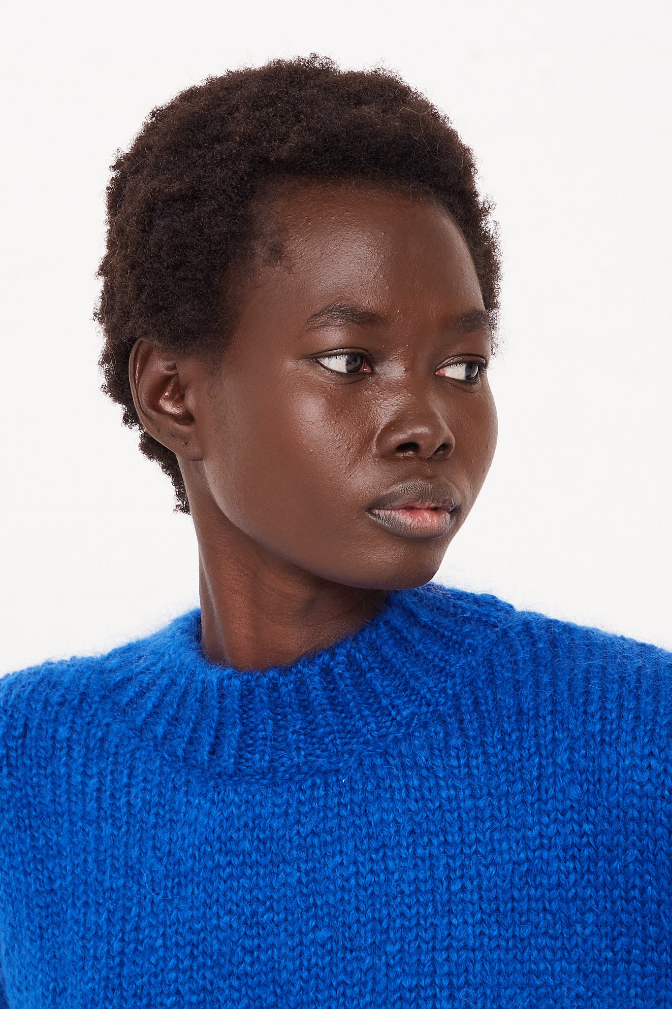 CORDERA Mohair Sweater in Blue | Oroboro Store | Front view of sweater upclose on model