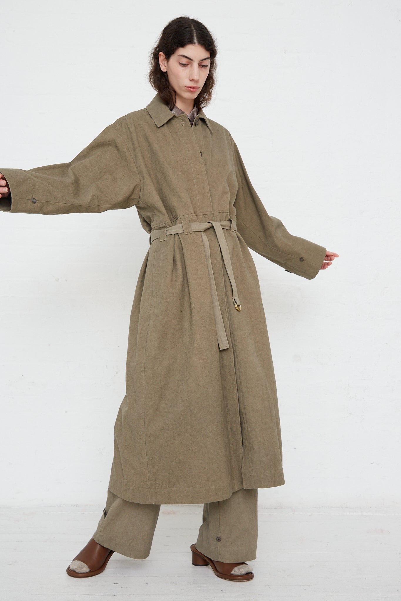 An oversized Belted Trench in Fatigue by Lauren Manoogian in soft canvas with an adjustable cuff.