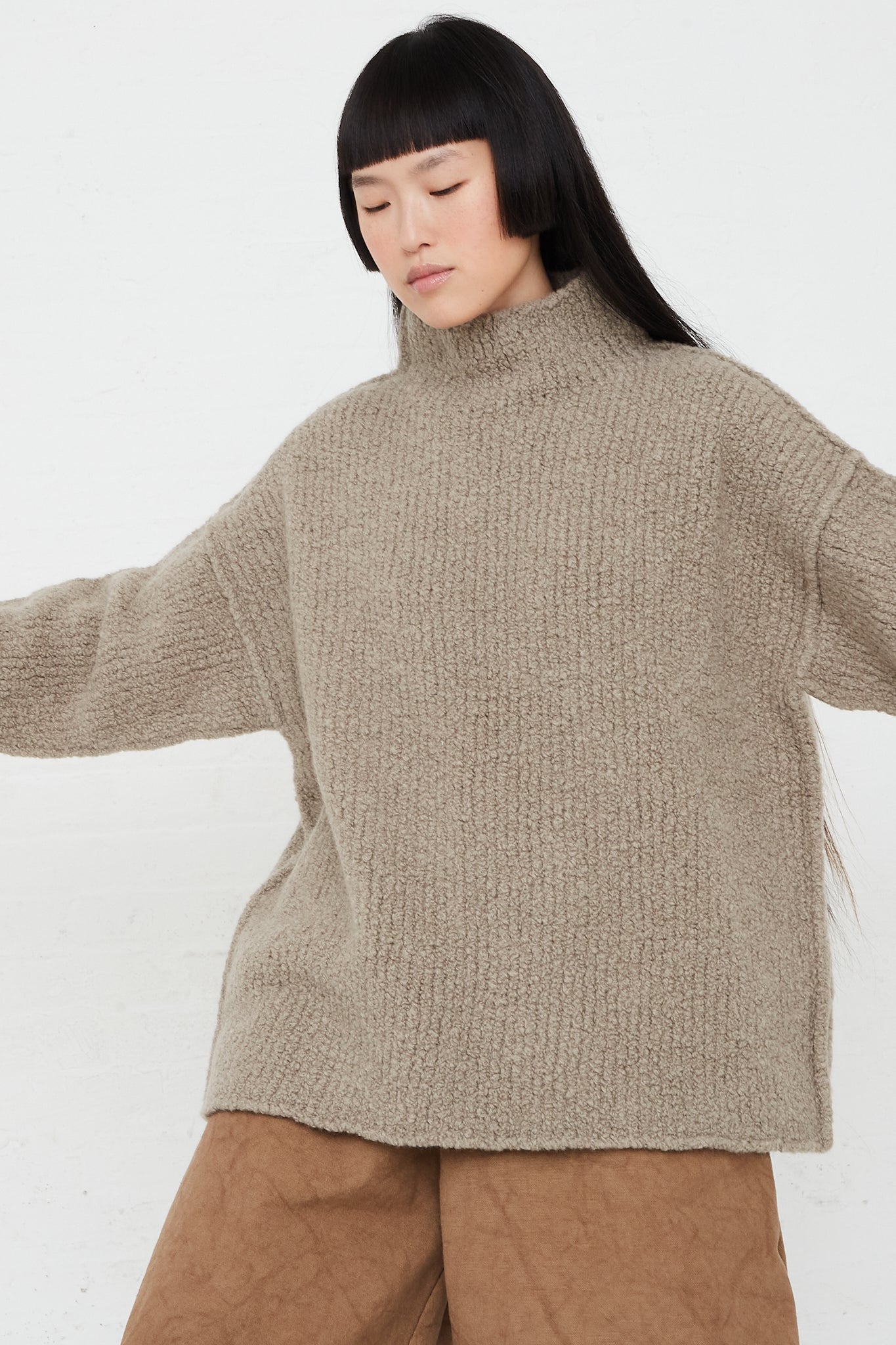 Taupe Turtleneck Sweater in Merino Boucle Wool by Lauren Manoogian for Oroboro Front