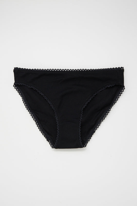 An Isabella Panty in Black from Araks, with crochet trim on a white background.